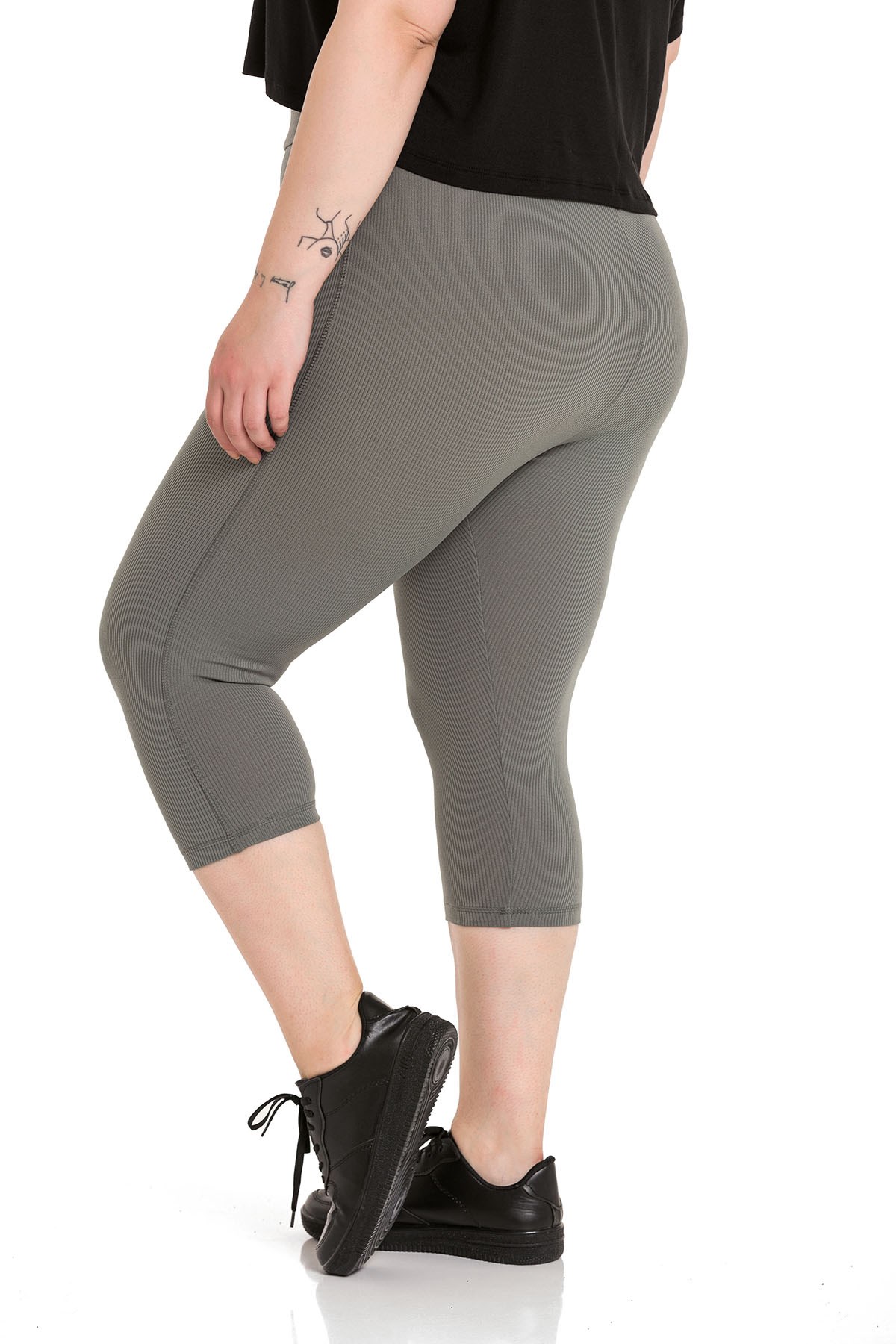 Büyük Beden Fitilli Beli Lastikli Karyoka Dikişli Diz Altı Haki Bayan Tayt