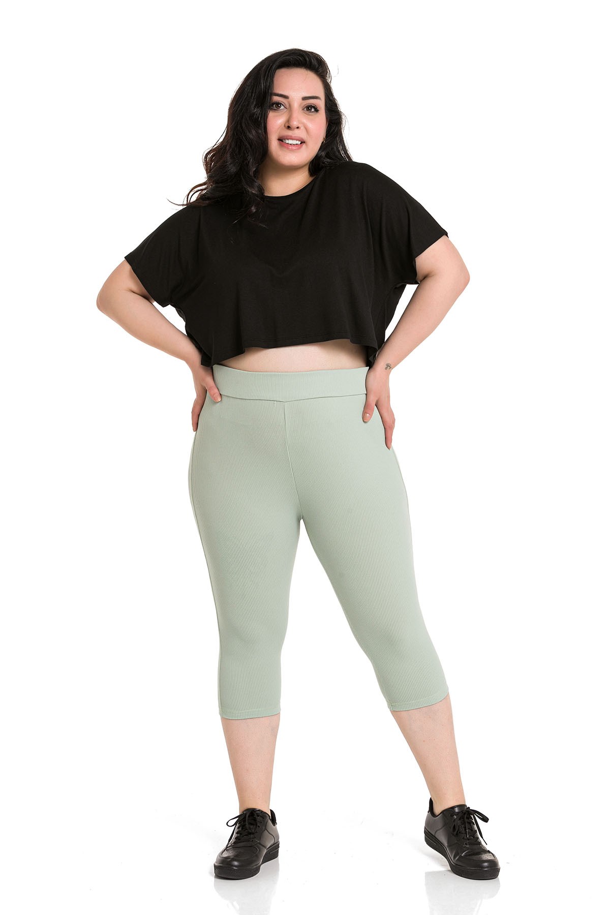 Plus Size Ribbed Waist Elastic Waistband Knee-Length Green Tights