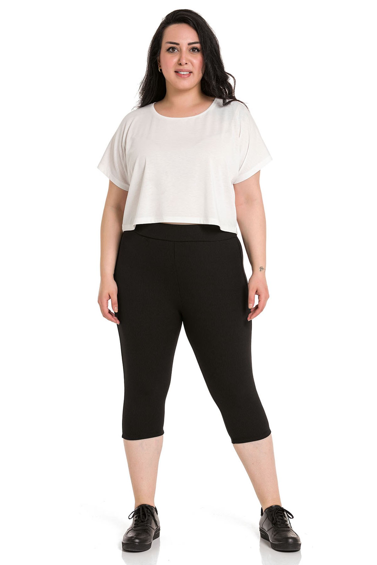 Büyük Beden Fitilli Beli Lastikli Karyoka Dikişli Diz Altı Siyah Bayan Tayt