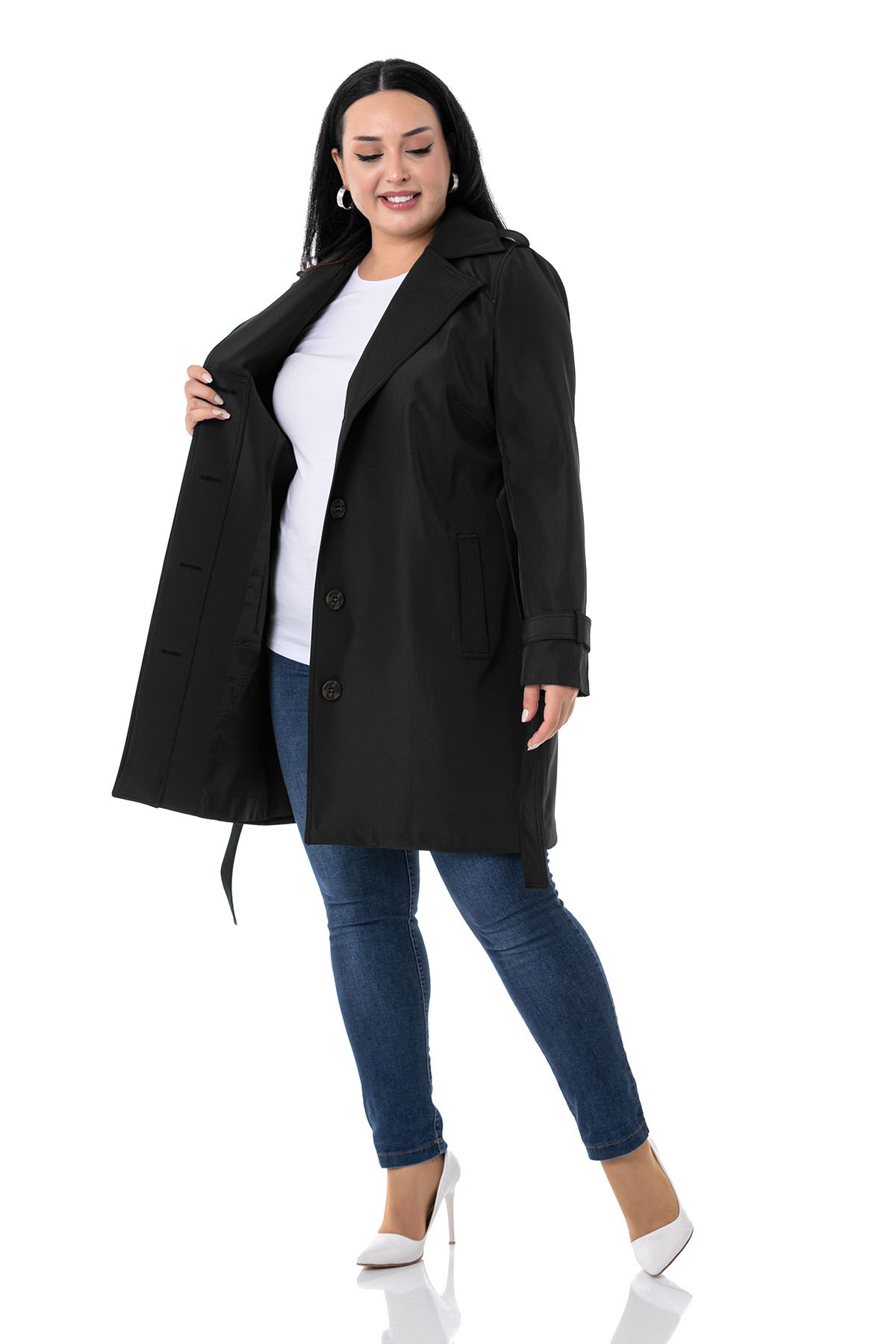 Plus Size Black Trench Coat with Hidden Buttons and Epaulettes
