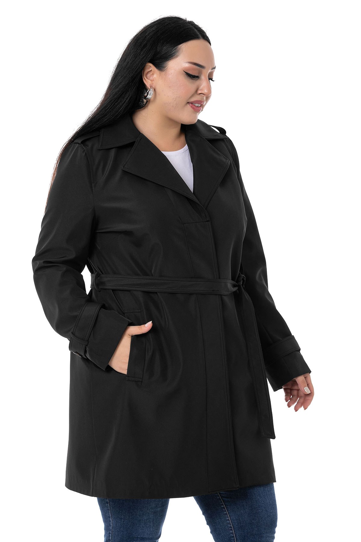 Plus Size Black Trench Coat with Hidden Buttons and Epaulettes