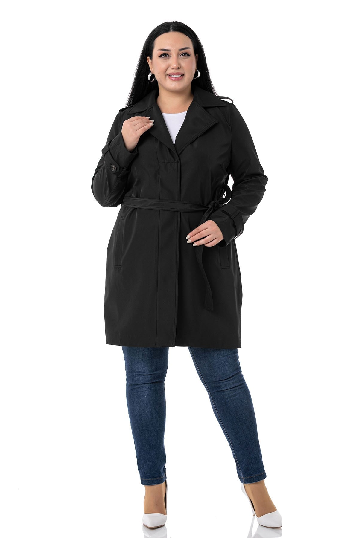 Plus Size Black Trench Coat with Hidden Buttons and Epaulettes
