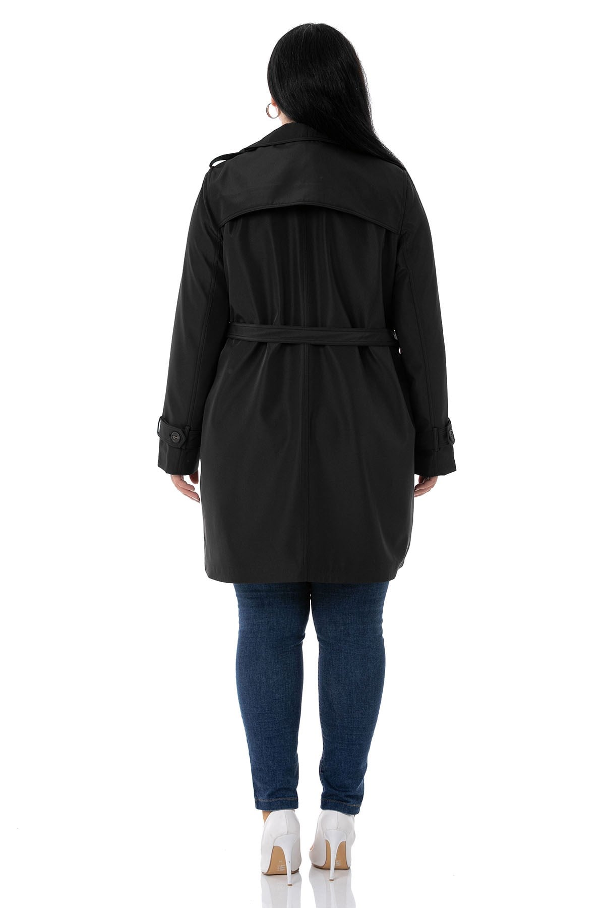 Plus Size Black Trench Coat with Hidden Buttons and Epaulettes