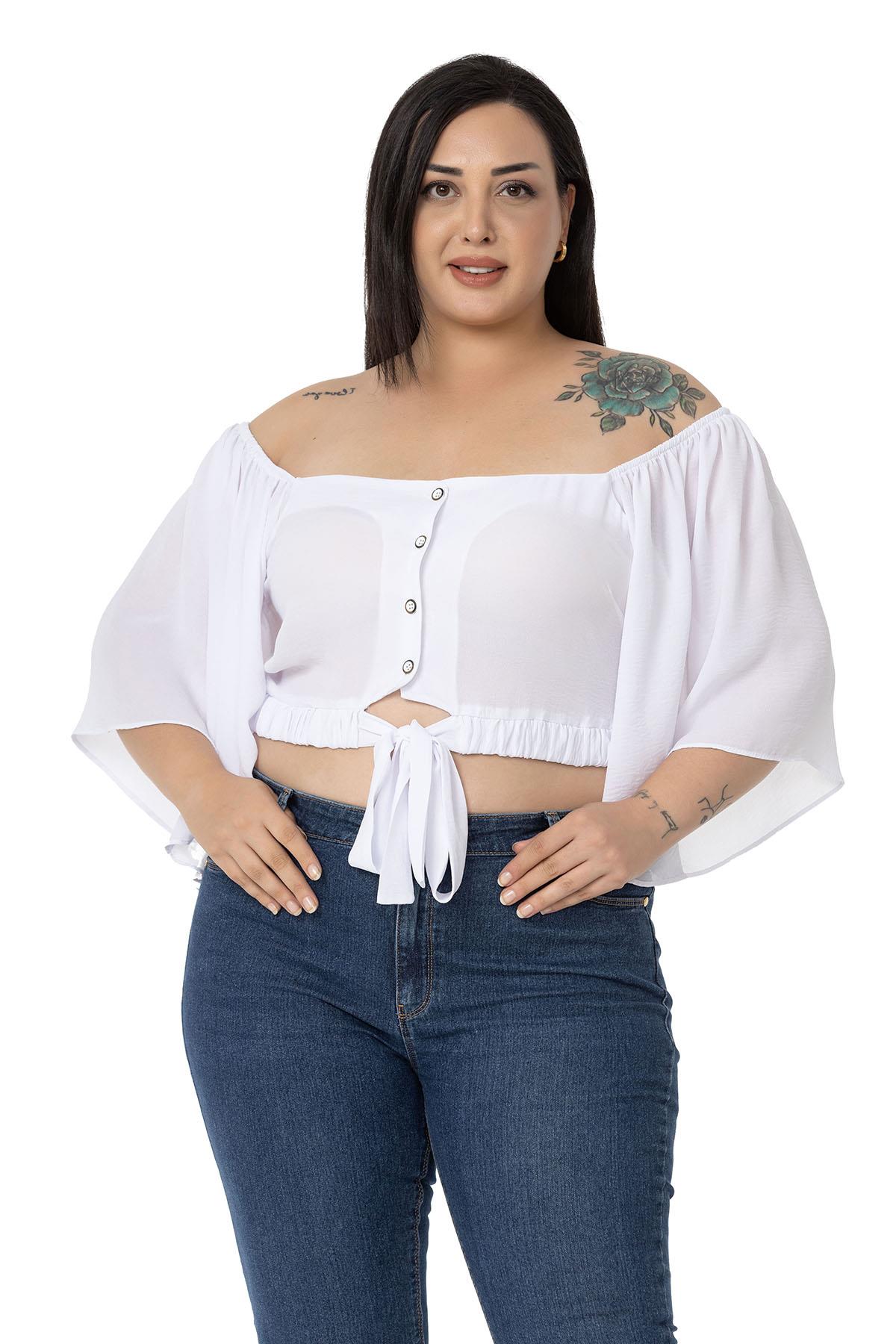 Büyük Beden Geniş Kollu Beli Lastik ve Büzgülü Crop Beyaz Bluz