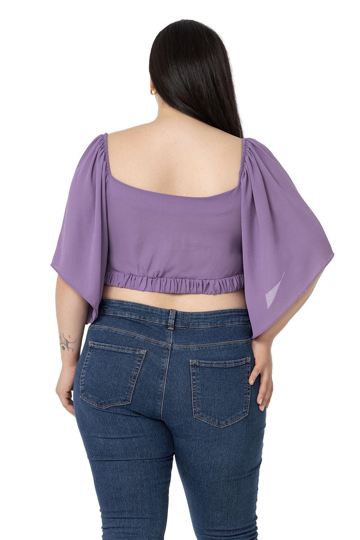 Büyük Beden Geniş Kollu Beli Lastik ve Büzgülü Crop Lila Bluz
