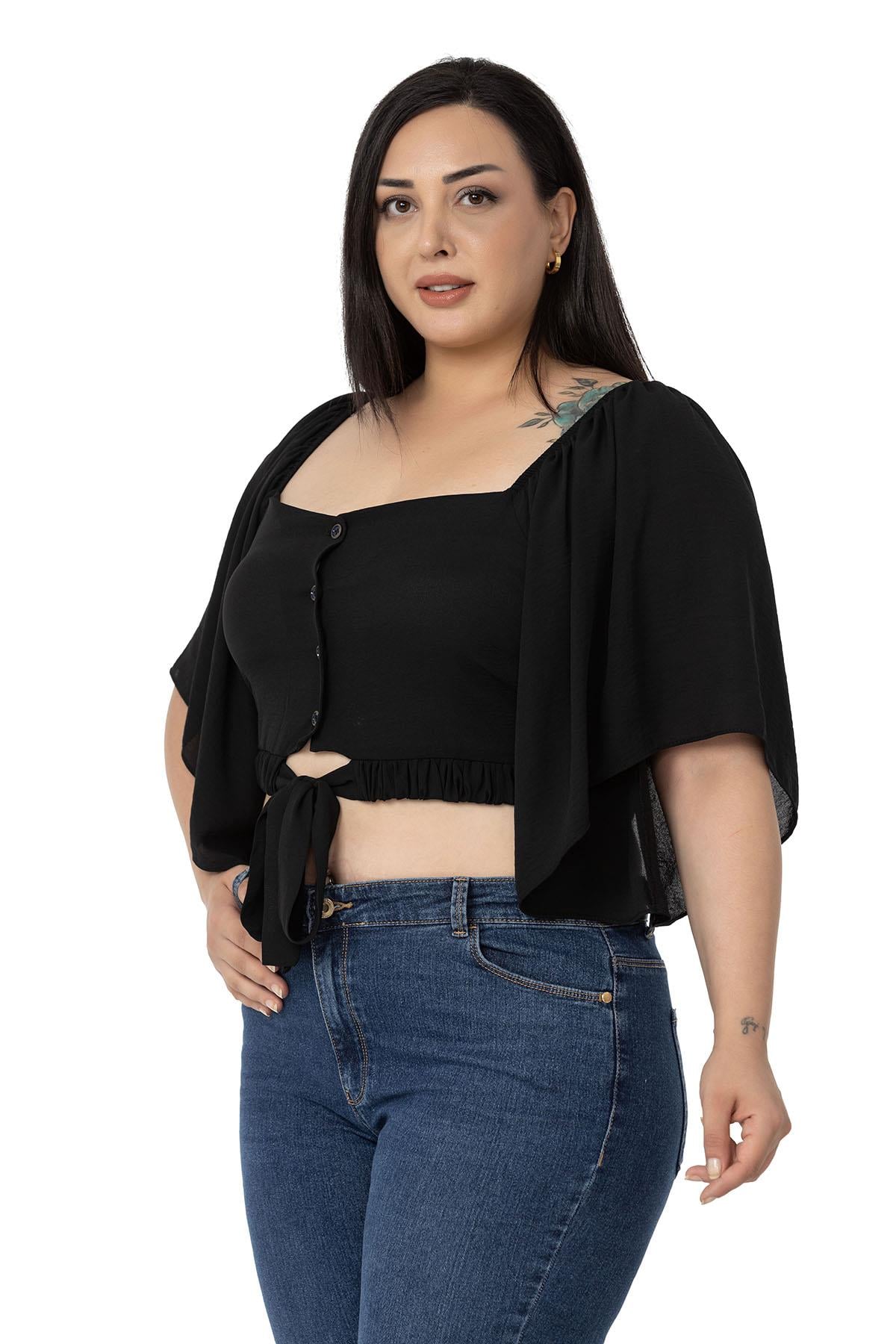 Büyük Beden Geniş Kollu Beli Lastik ve Büzgülü Crop Siyah Bluz