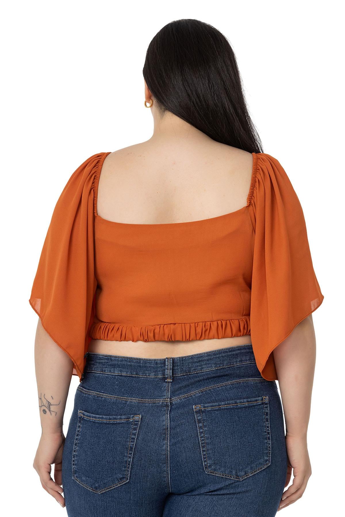 Büyük Beden Geniş Kollu Beli Lastik ve Büzgülü Crop Kiremit Bluz