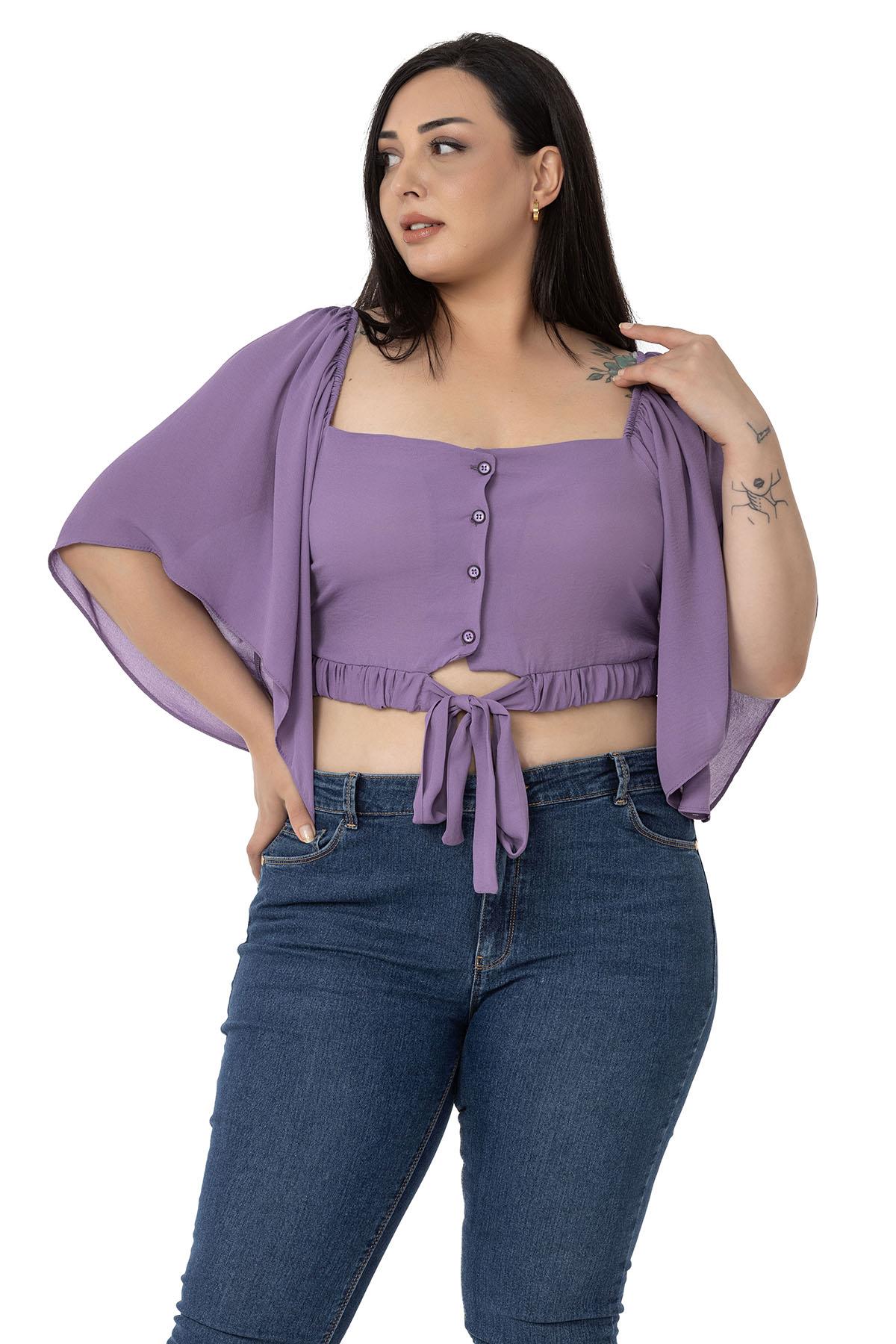 Büyük Beden Geniş Kollu Beli Lastik ve Büzgülü Crop Lila Bluz