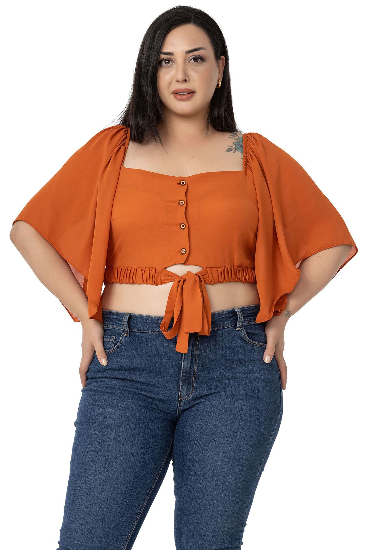 Büyük Beden Geniş Kollu Beli Lastik ve Büzgülü Crop Kiremit Bluz