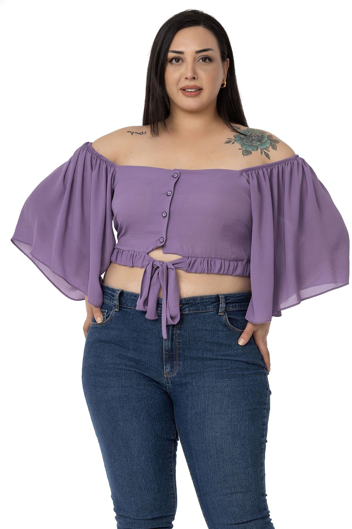 Büyük Beden Geniş Kollu Beli Lastik ve Büzgülü Crop Lila Bluz