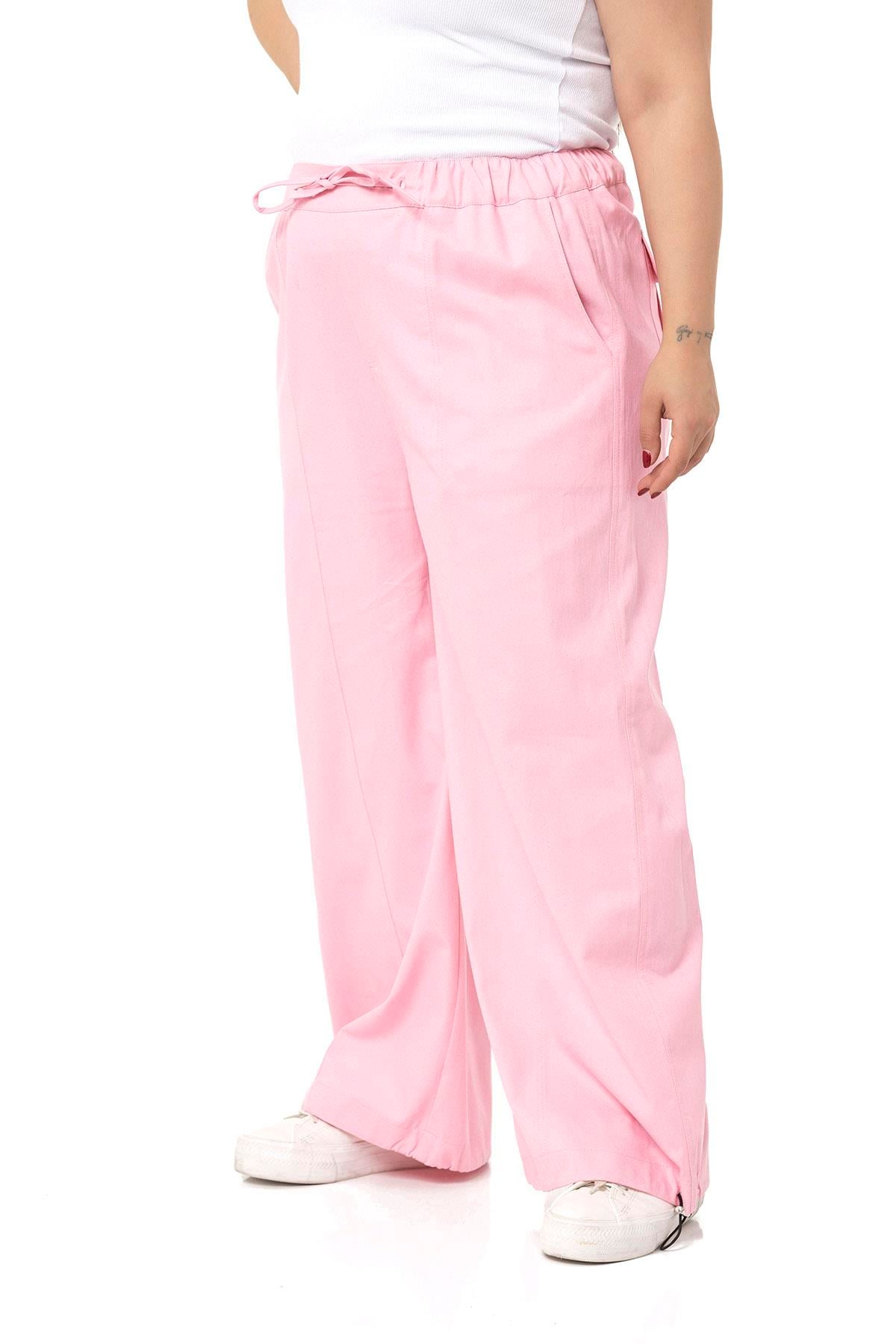 Plus Size Wide Leg Tie Detailed Gabardine Pink Trousers