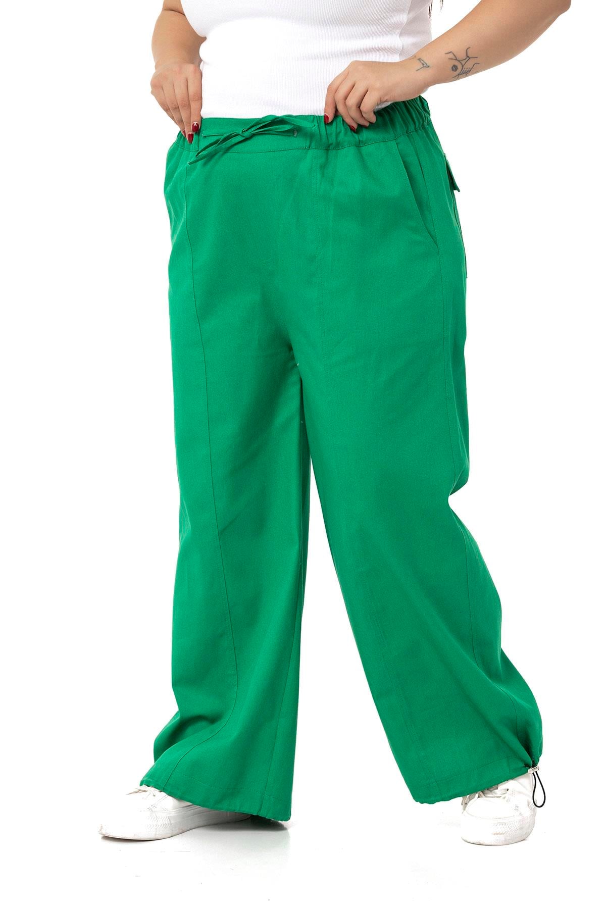 Plus Size Wide Leg Tie Detailed Gabardine Green Trousers