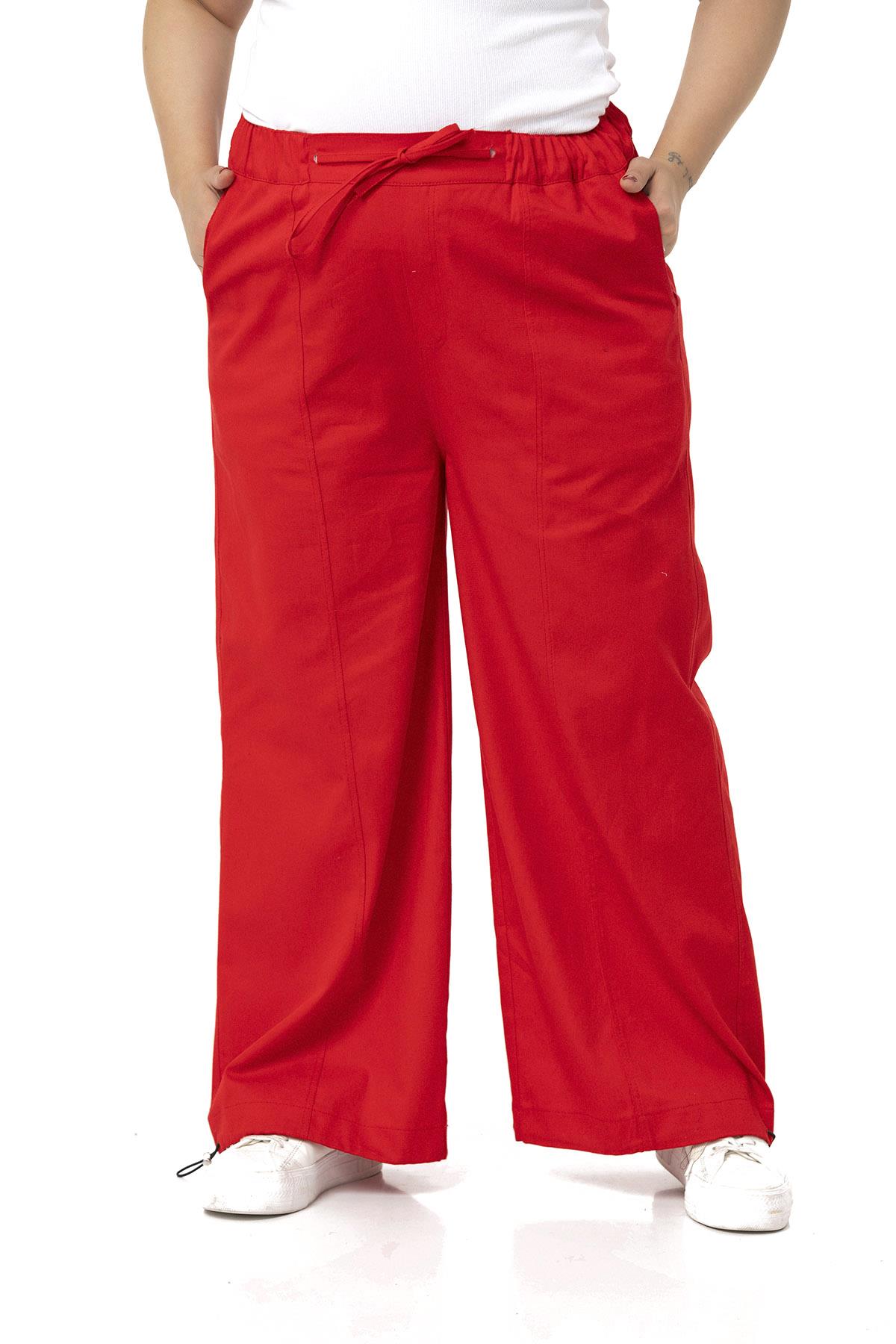 Plus Size Wide Leg Tie Detailed Gabardine Red Trousers
