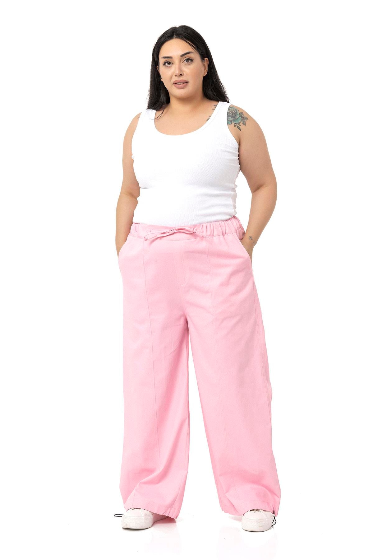Plus Size Wide Leg Tie Detailed Gabardine Pink Trousers