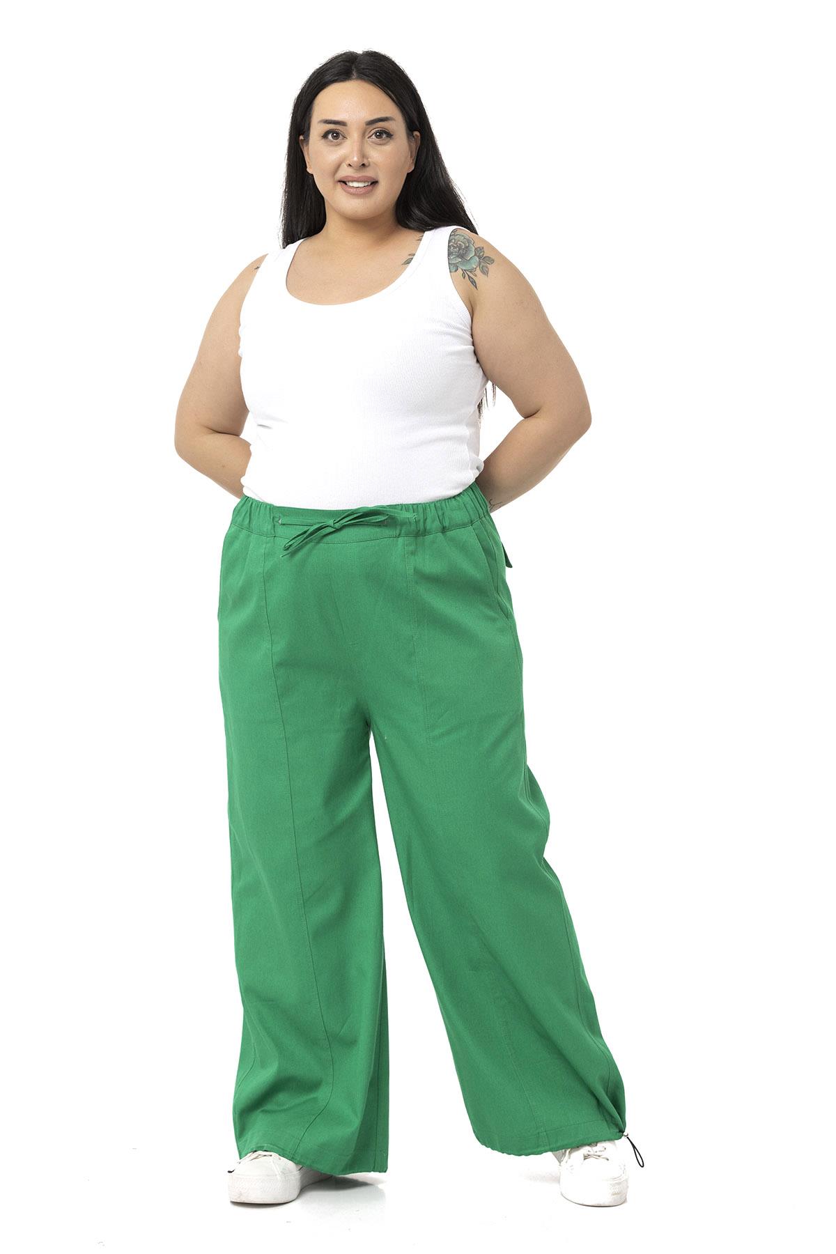 Plus Size Wide Leg Tie Detailed Gabardine Green Trousers