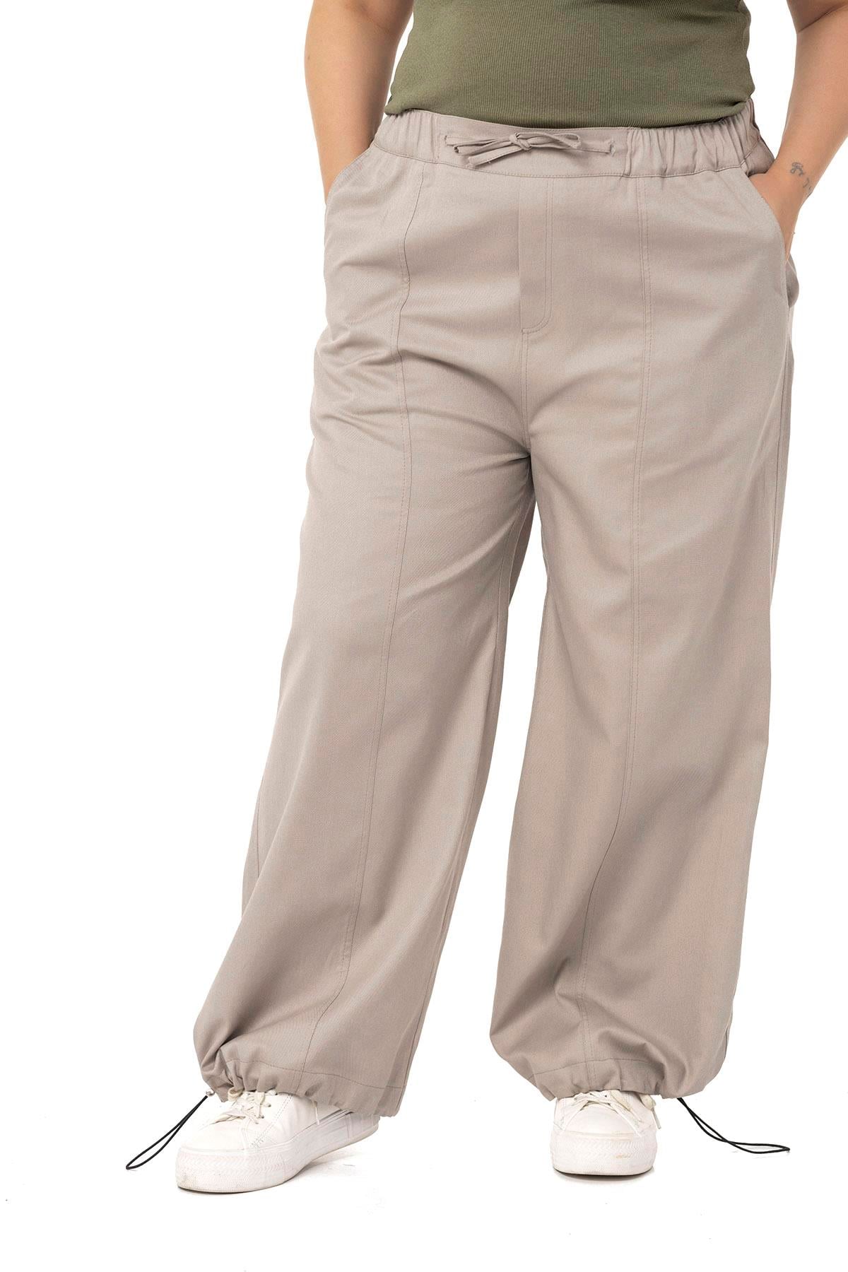 Plus Size Wide Leg Tie Detailed Gabardine Stone Trousers