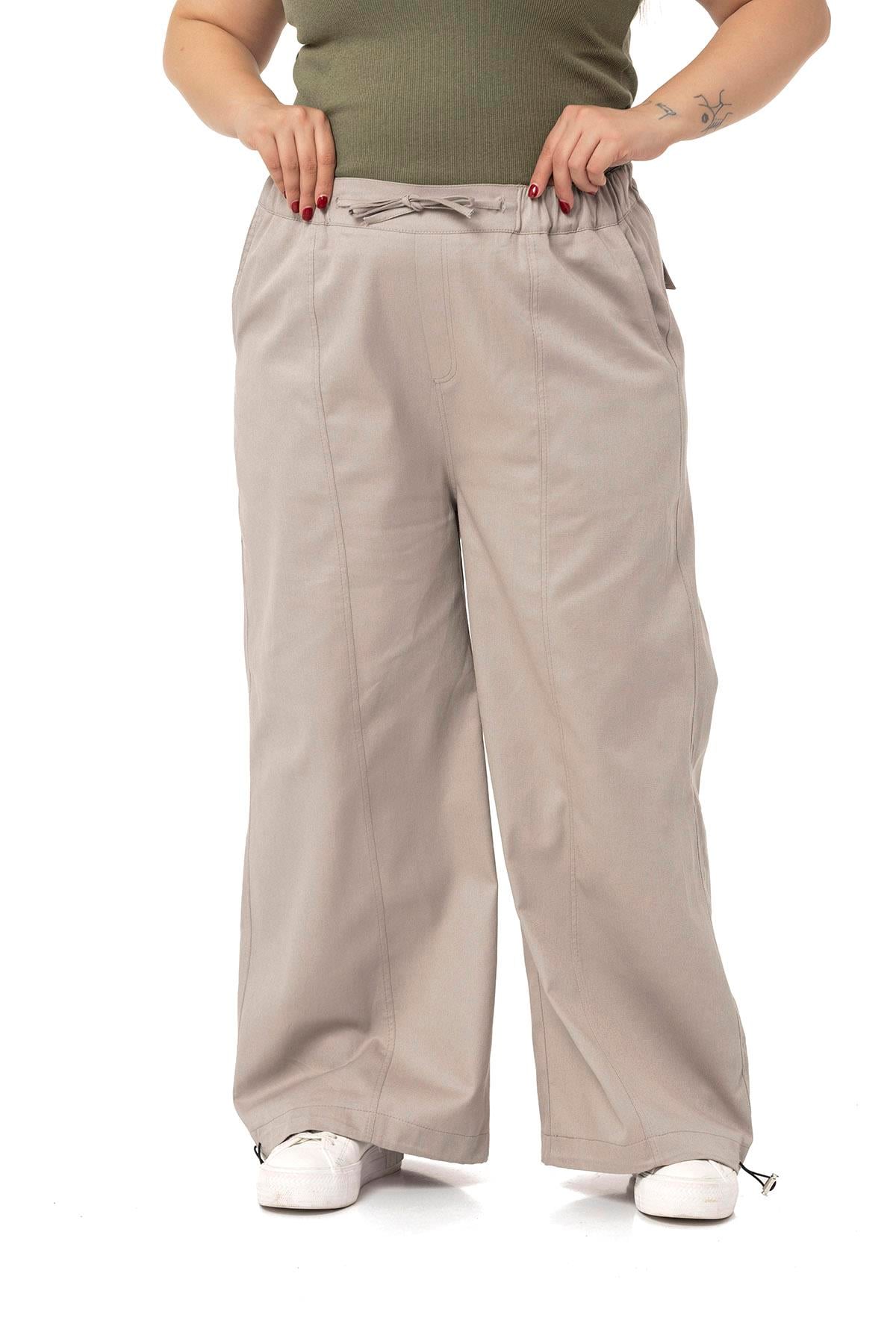Plus Size Wide Leg Tie Detailed Gabardine Stone Trousers