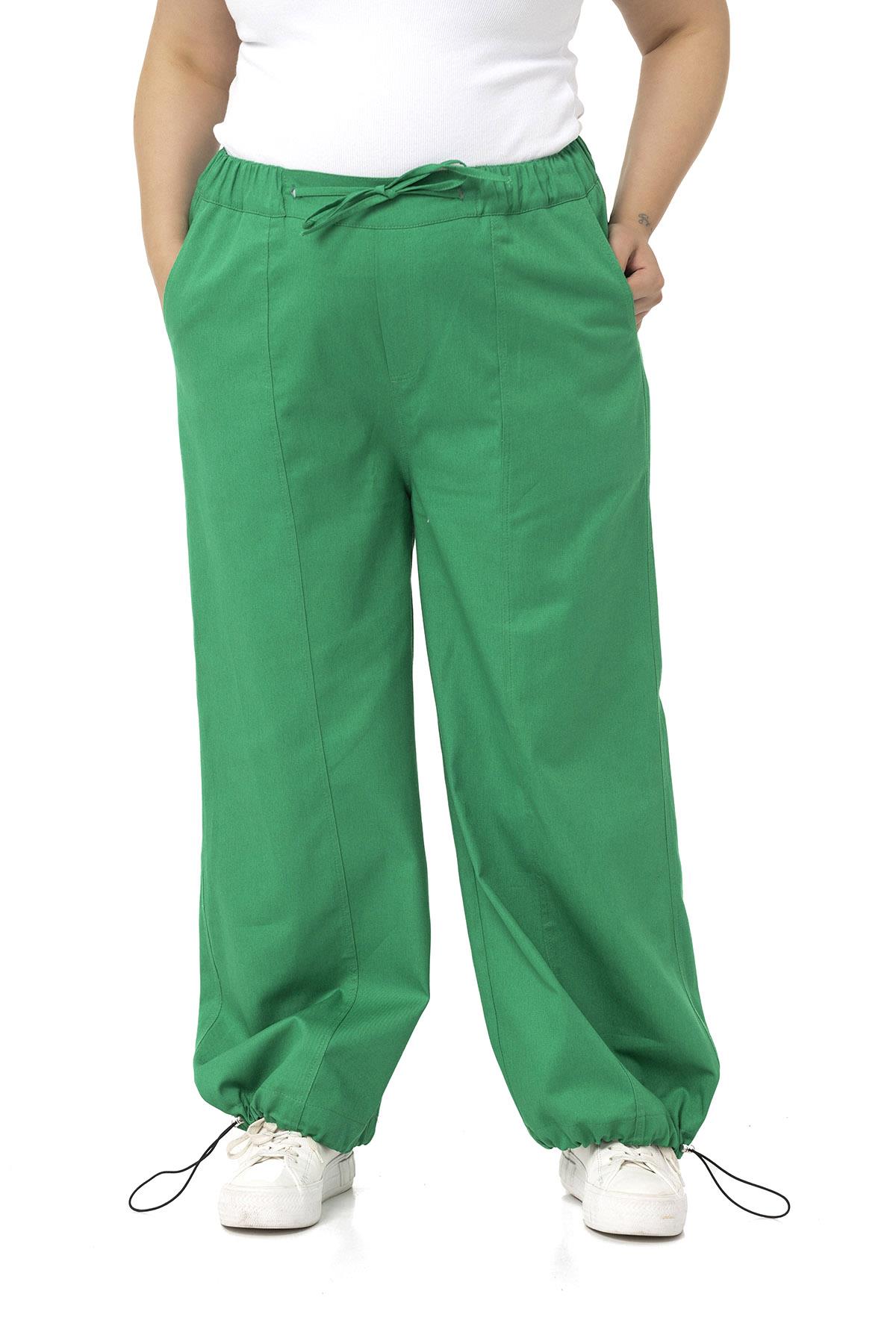 Plus Size Wide Leg Tie Detailed Gabardine Green Trousers