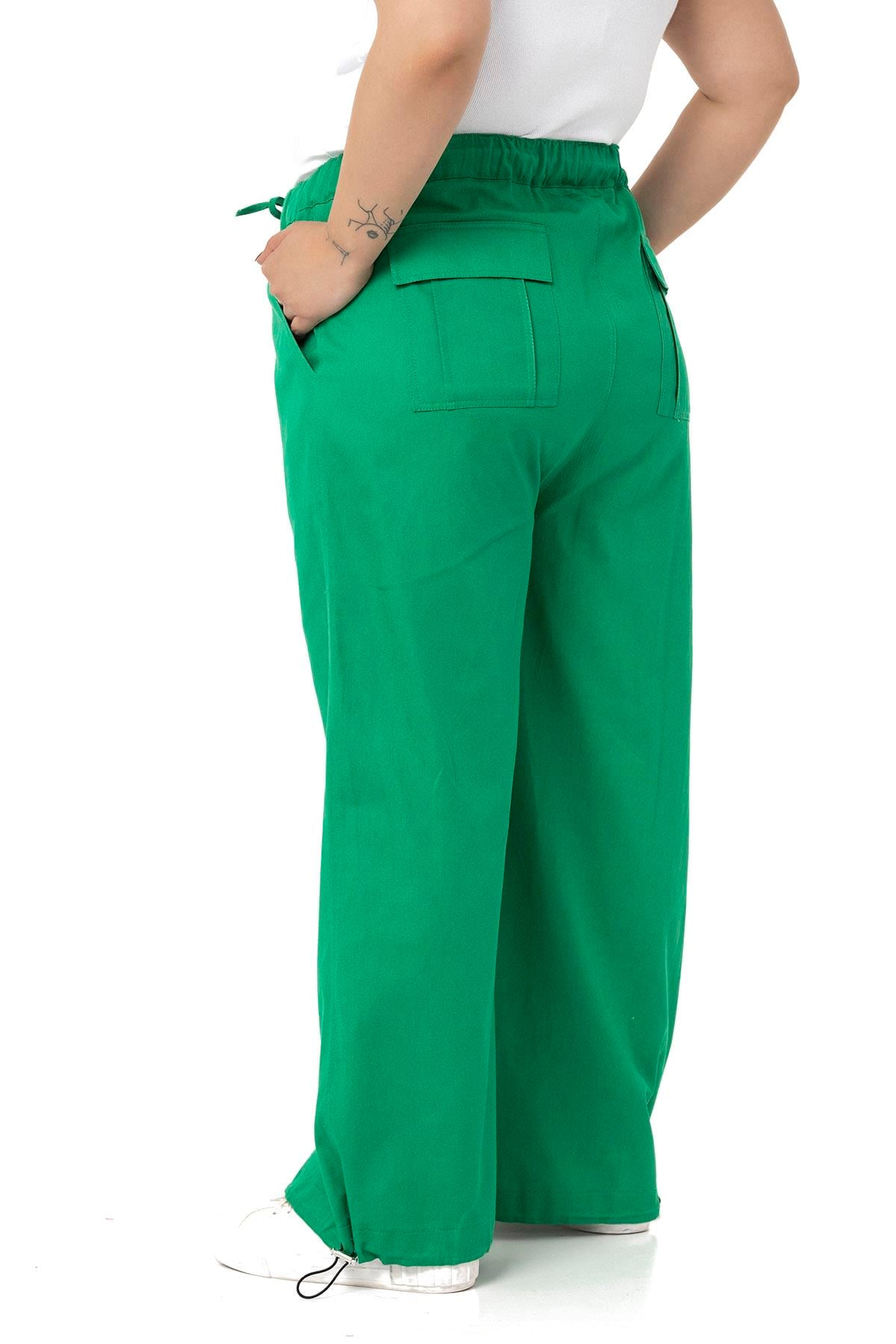 Plus Size Wide Leg Tie Detailed Gabardine Green Trousers