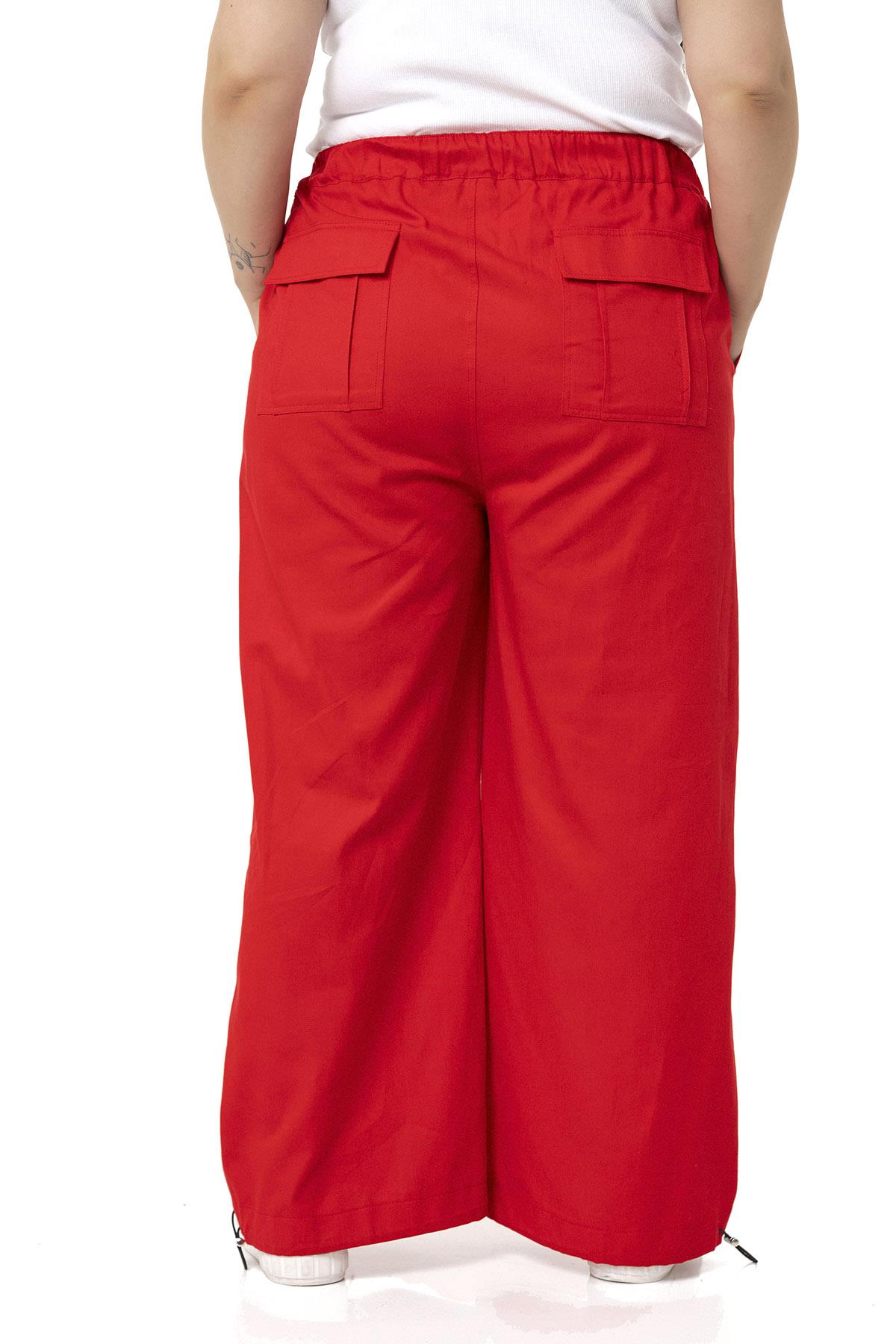 Plus Size Wide Leg Tie Detailed Gabardine Red Trousers