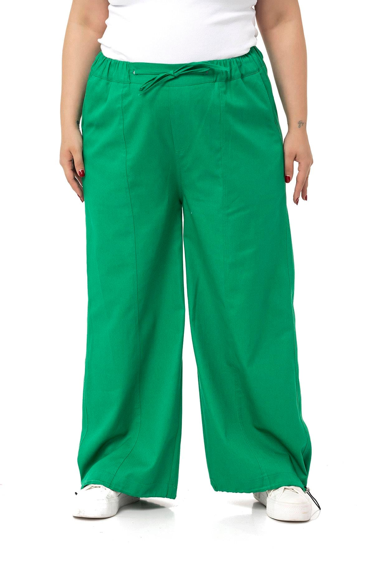 Plus Size Wide Leg Tie Detailed Gabardine Green Trousers