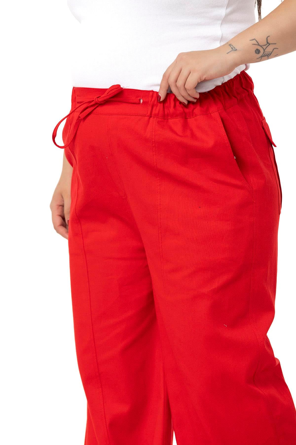Plus Size Wide Leg Tie Detailed Gabardine Red Trousers