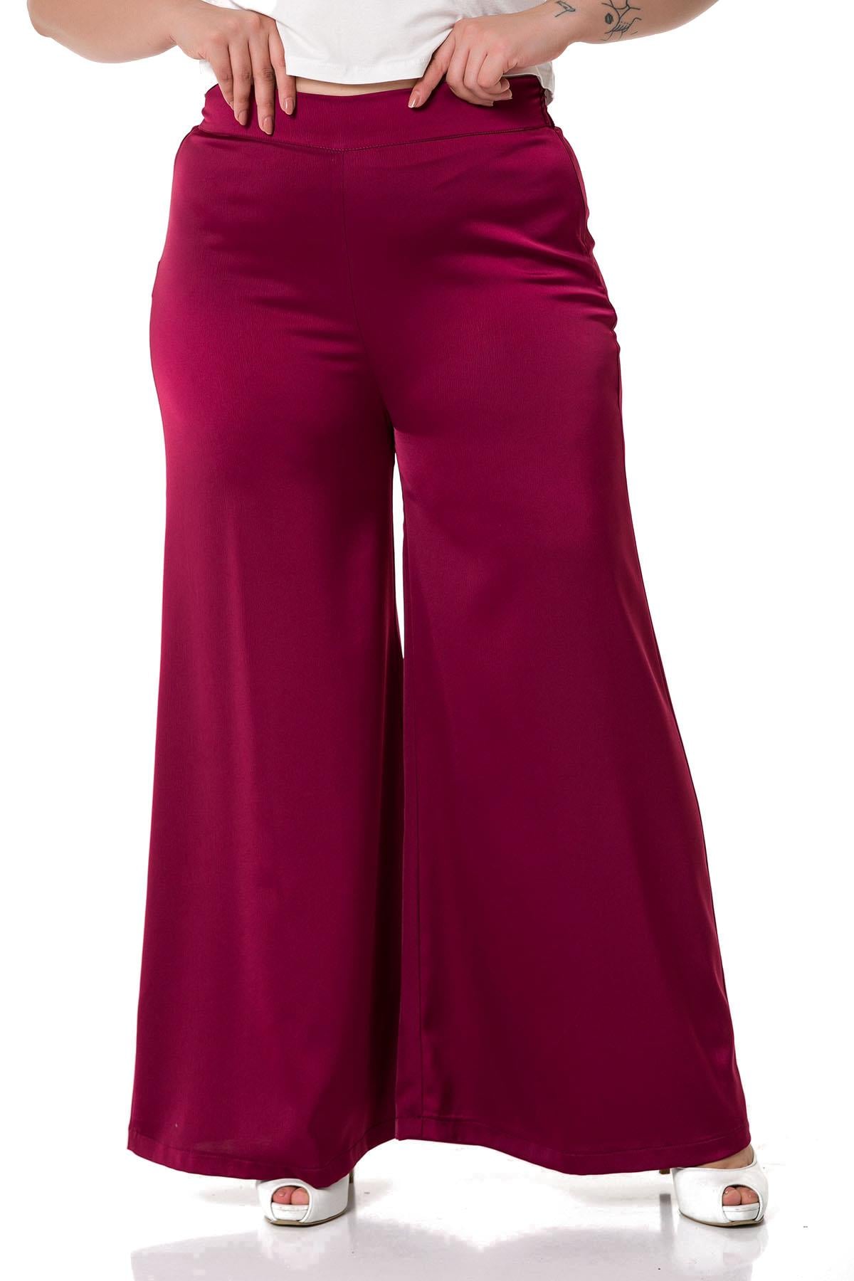 Plus Size Wide Leg Satin Burgundy Trousers with Elastic Waist Back
