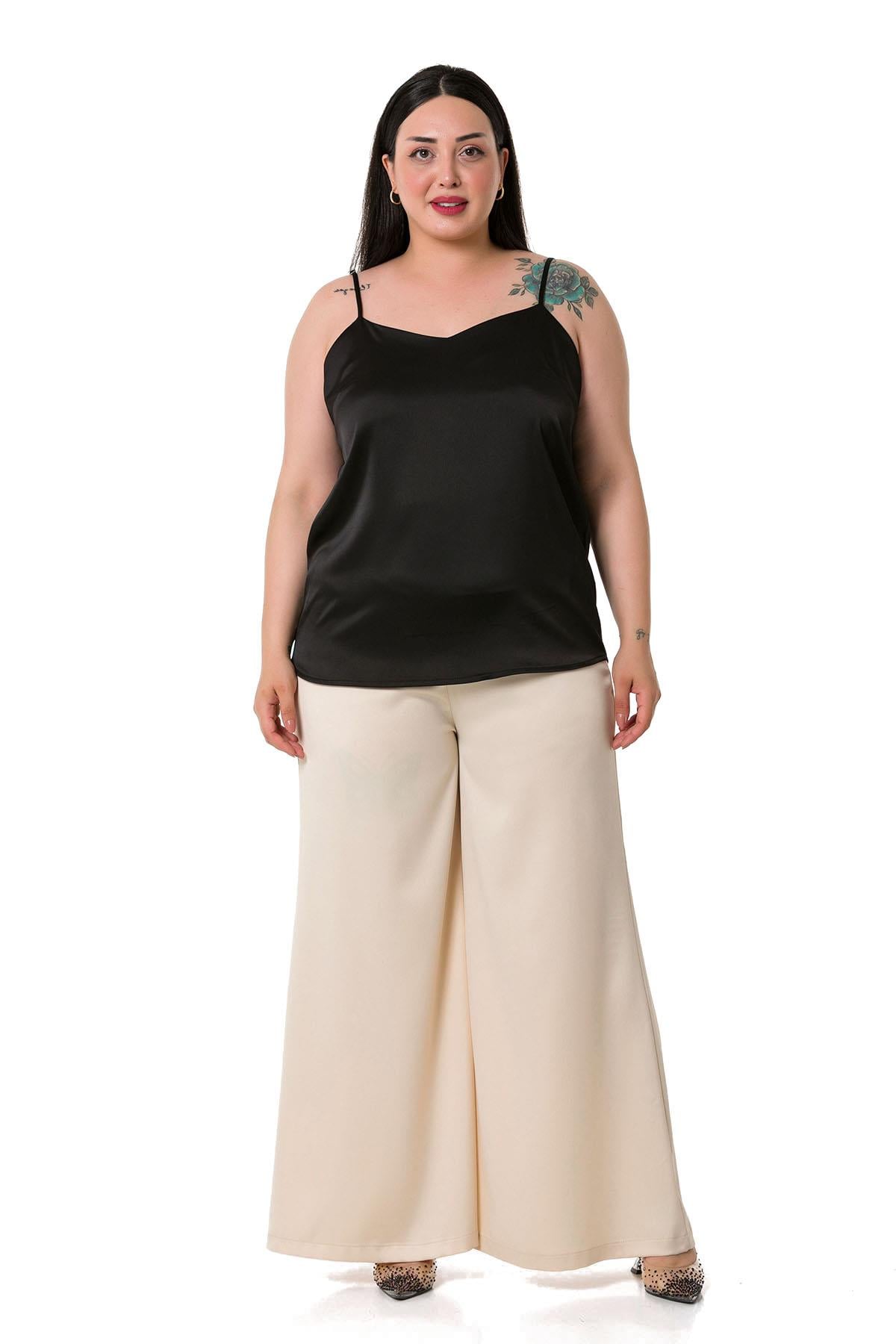 Plus Size Wide Leg Satin Beige Trousers with Elastic Waist Back