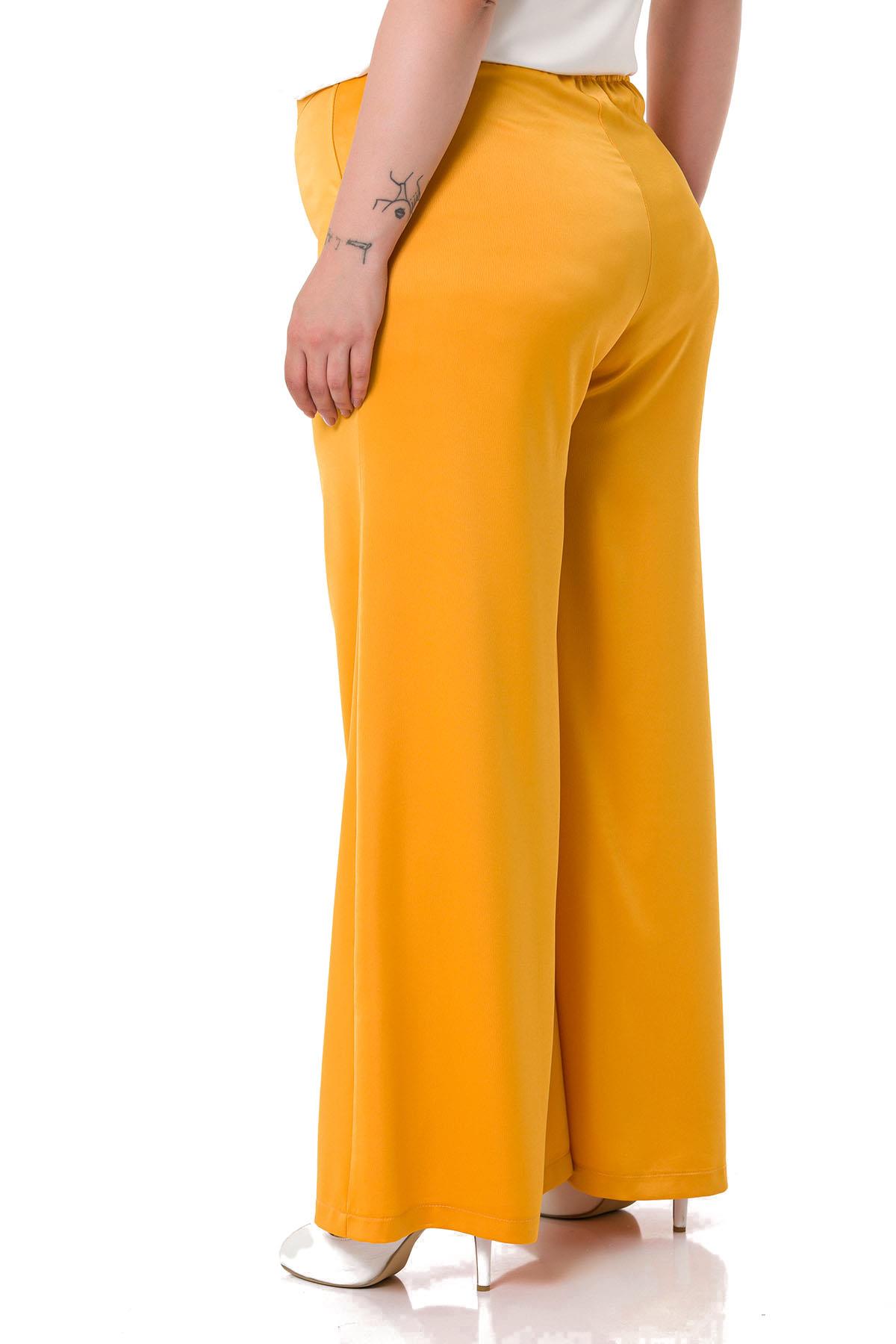 Plus Size Wide Leg Satin Mustard Trousers with Elastic Waist Back