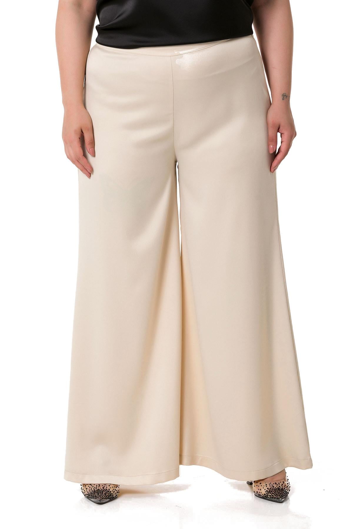 Plus Size Wide Leg Satin Beige Trousers with Elastic Waist Back