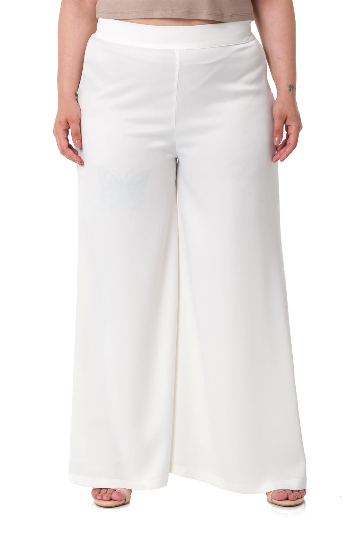 Plus Size Wide Leg Satin White Trousers with Elastic Waist Back