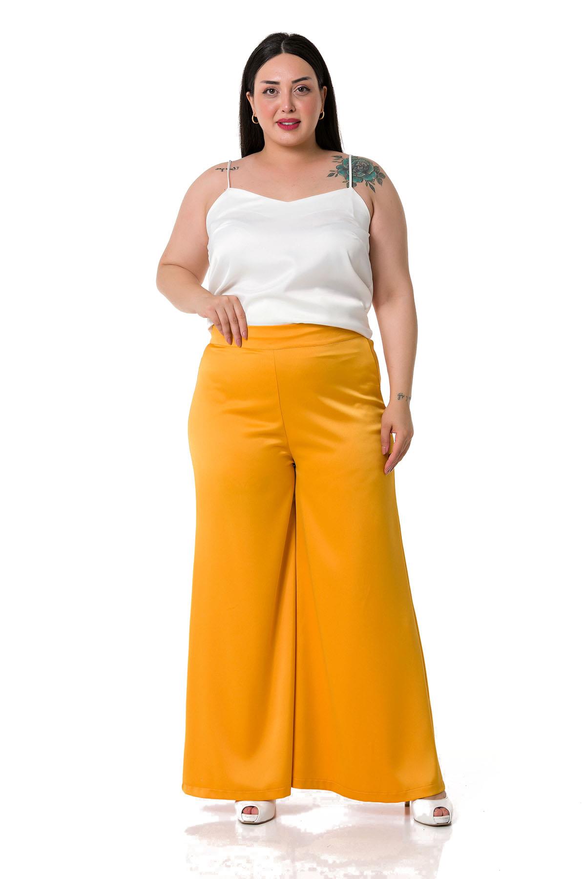 Plus Size Wide Leg Satin Mustard Trousers with Elastic Waist Back