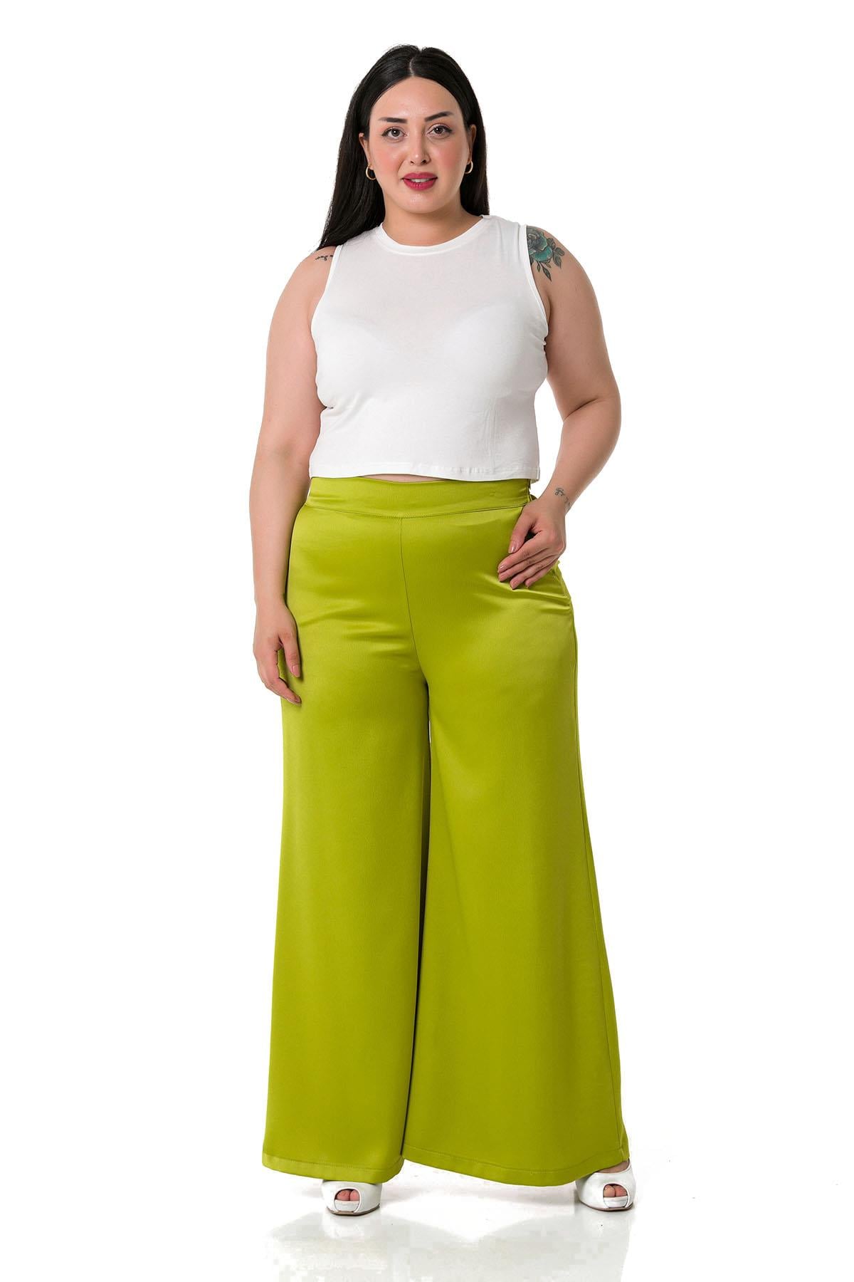 Plus Size Wide Leg Satin Pistachio Trousers with Elastic Waist Back