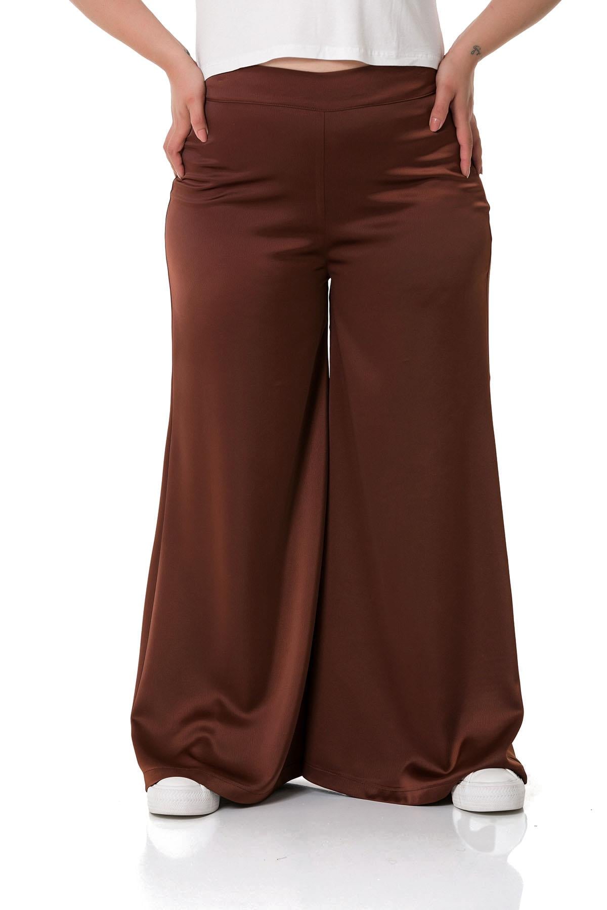 Plus Size Wide Leg Satin Brown Trousers with Elastic Waist Back
