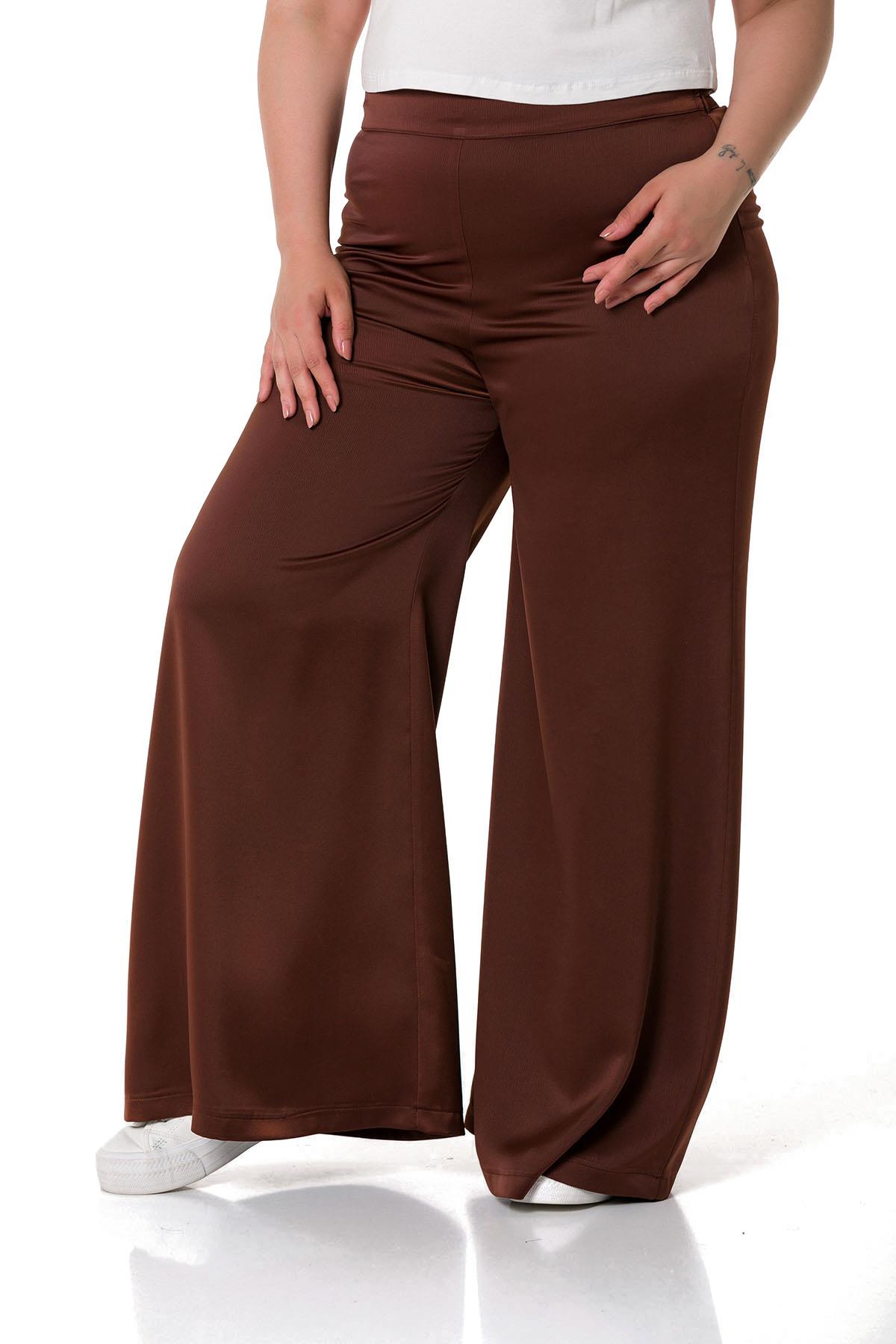 Plus Size Wide Leg Satin Brown Trousers with Elastic Waist Back