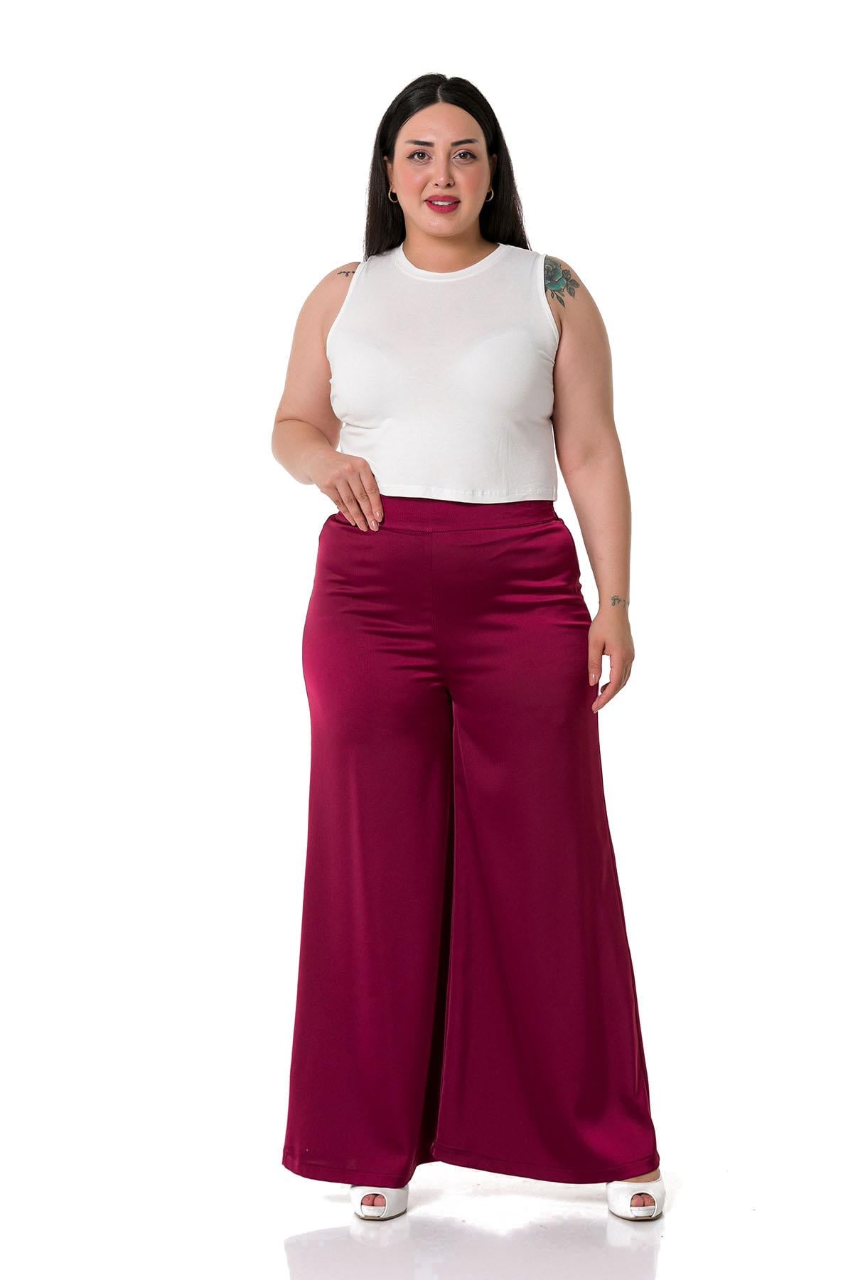 Plus Size Wide Leg Satin Burgundy Trousers with Elastic Waist Back