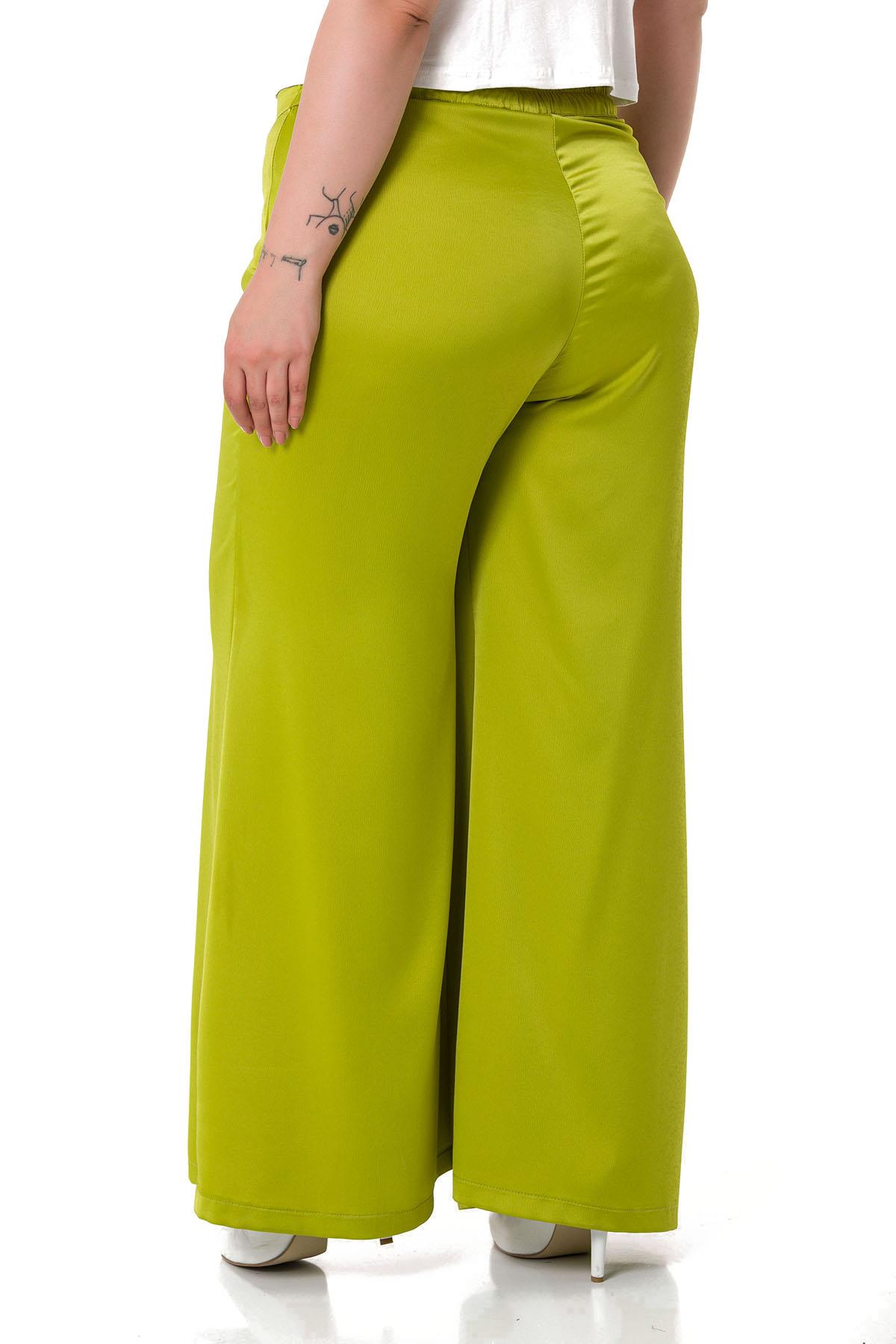 Plus Size Wide Leg Satin Pistachio Trousers with Elastic Waist Back