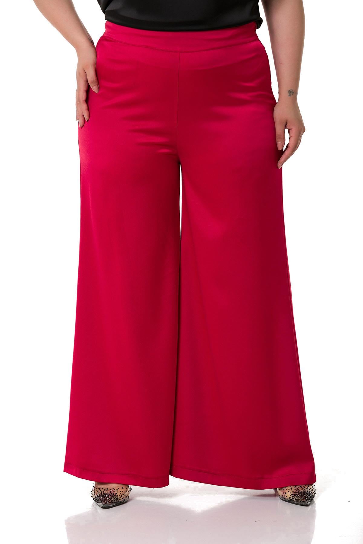 Plus Size Wide Leg Satin Red Trousers with Elastic Waist Back