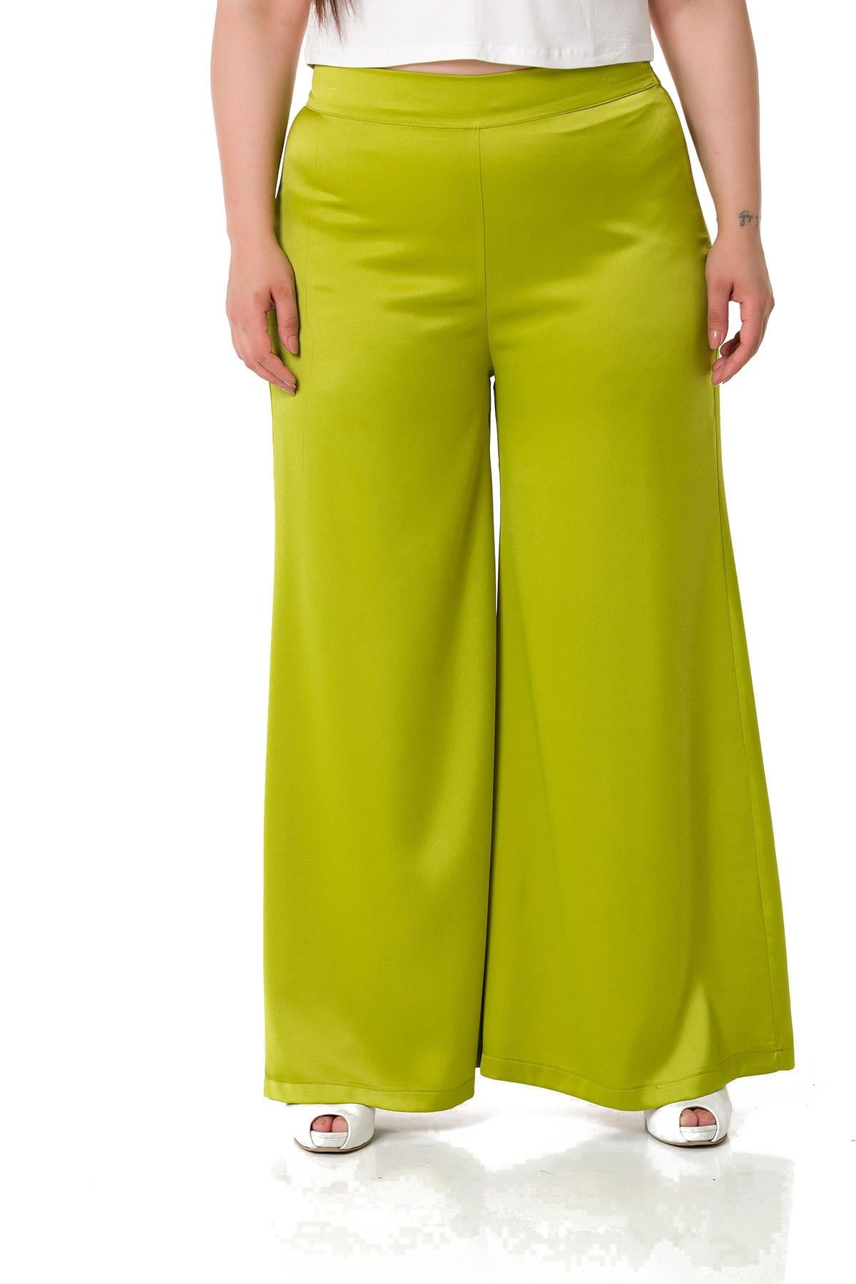Plus Size Wide Leg Satin Pistachio Trousers with Elastic Waist Back