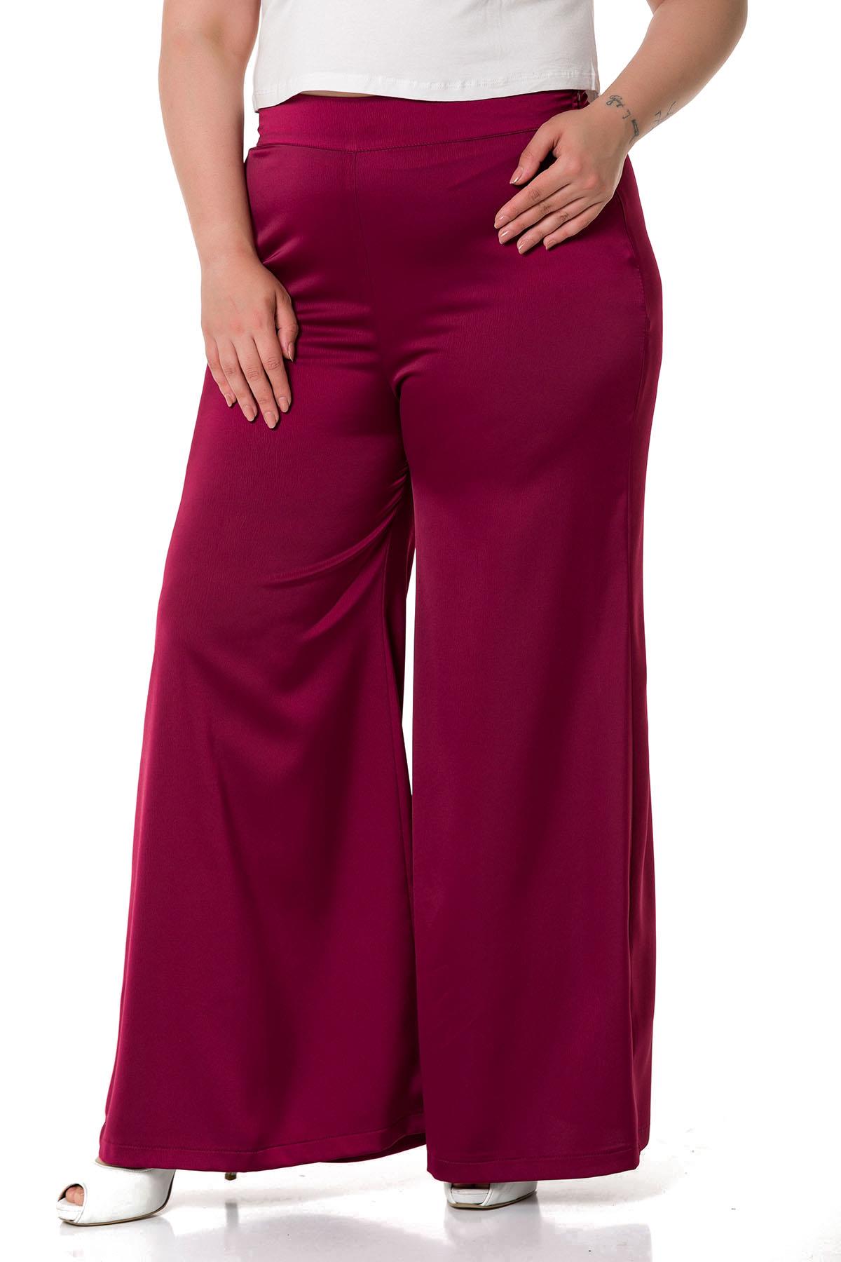 Plus Size Wide Leg Satin Burgundy Trousers with Elastic Waist Back