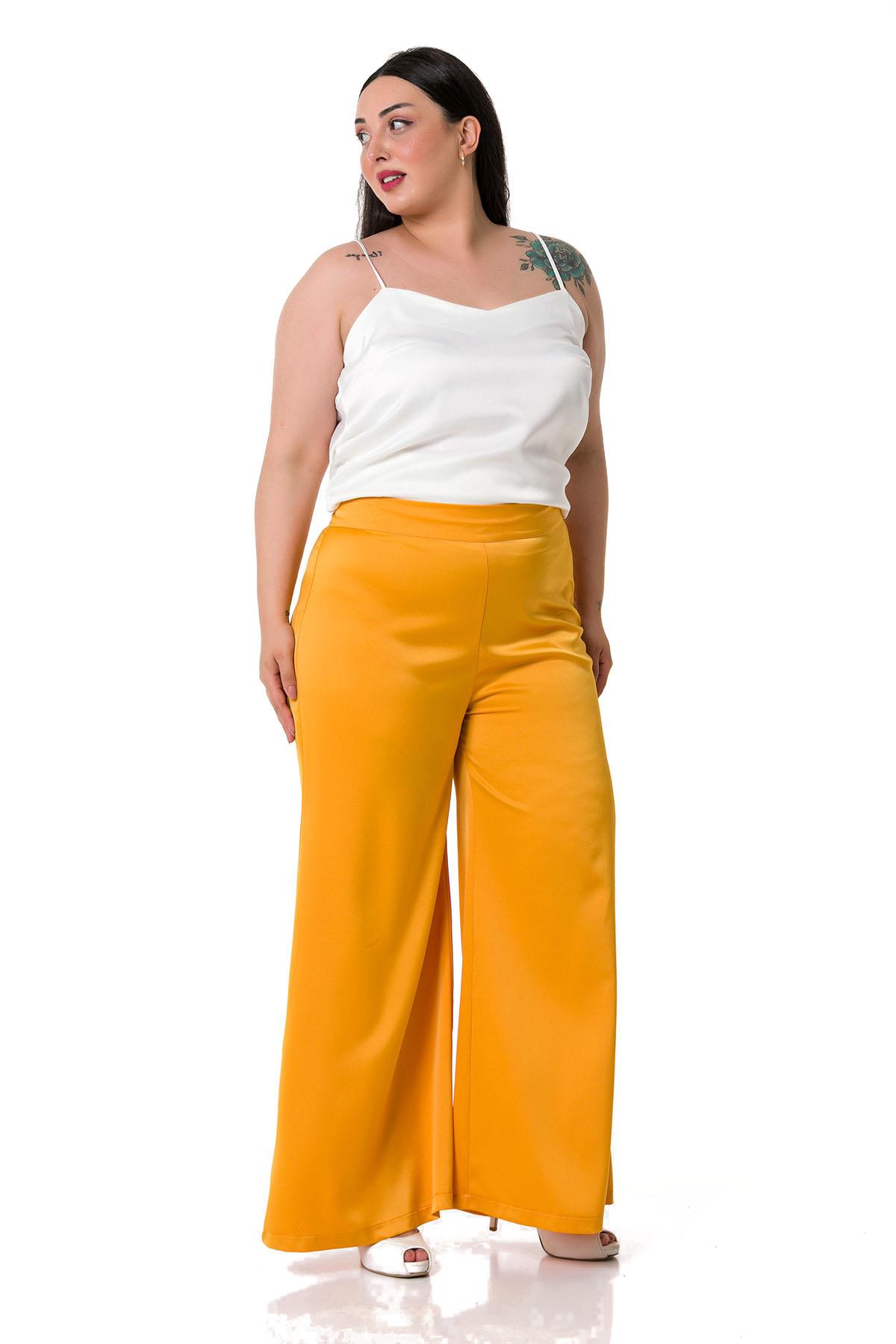 Plus Size Wide Leg Satin Mustard Trousers with Elastic Waist Back