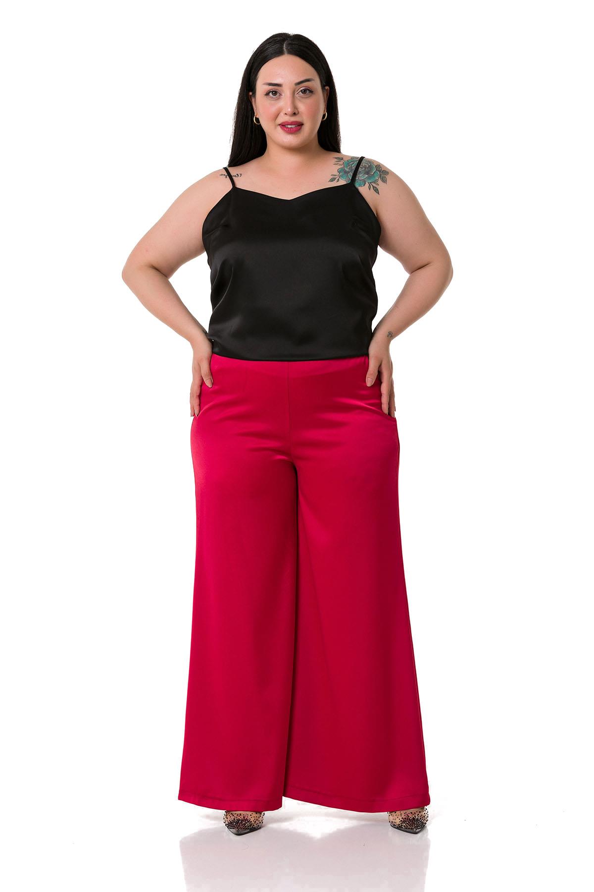 Plus Size Wide Leg Satin Red Trousers with Elastic Waist Back