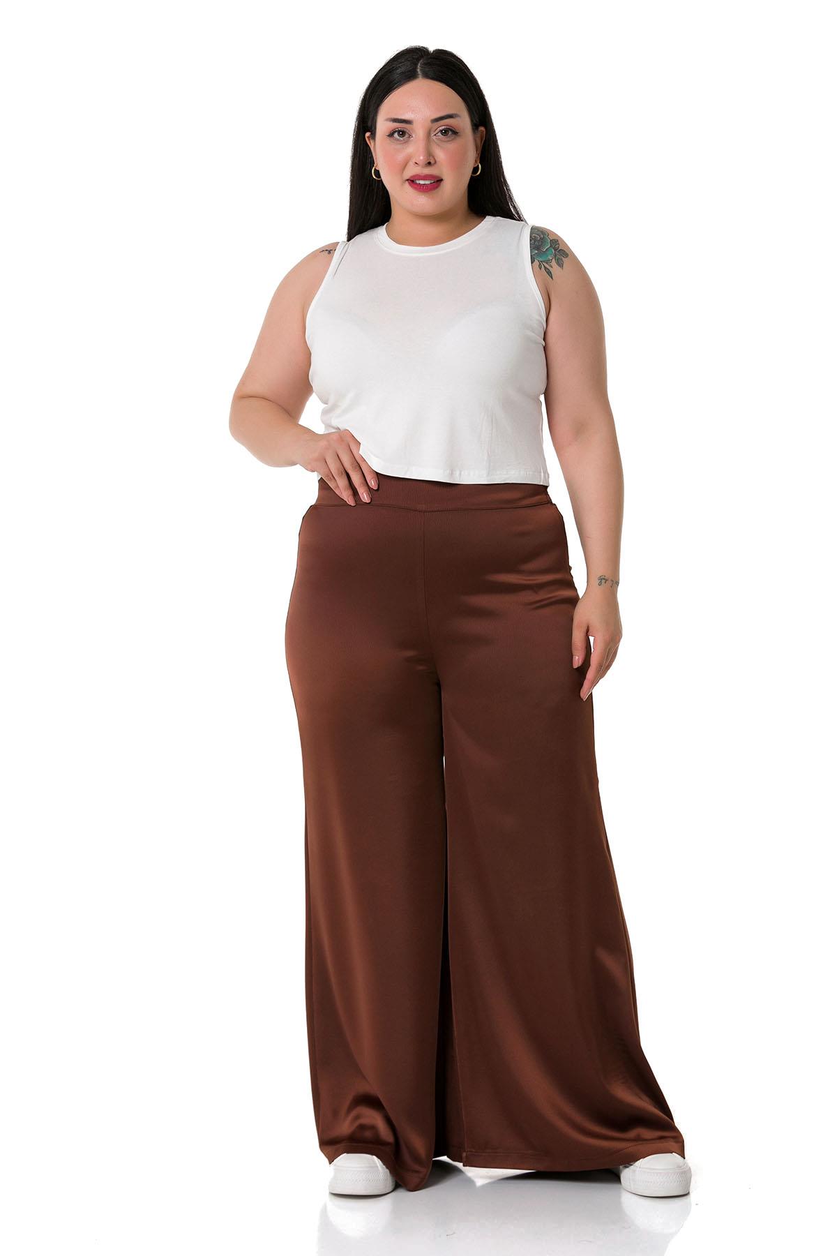 Plus Size Wide Leg Satin Brown Trousers with Elastic Waist Back