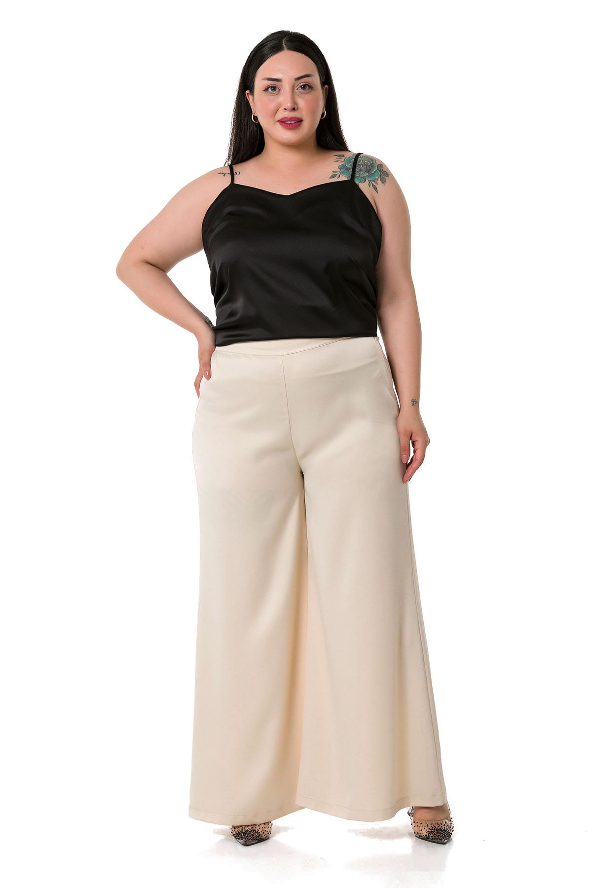 Plus Size Wide Leg Satin Beige Trousers with Elastic Waist Back