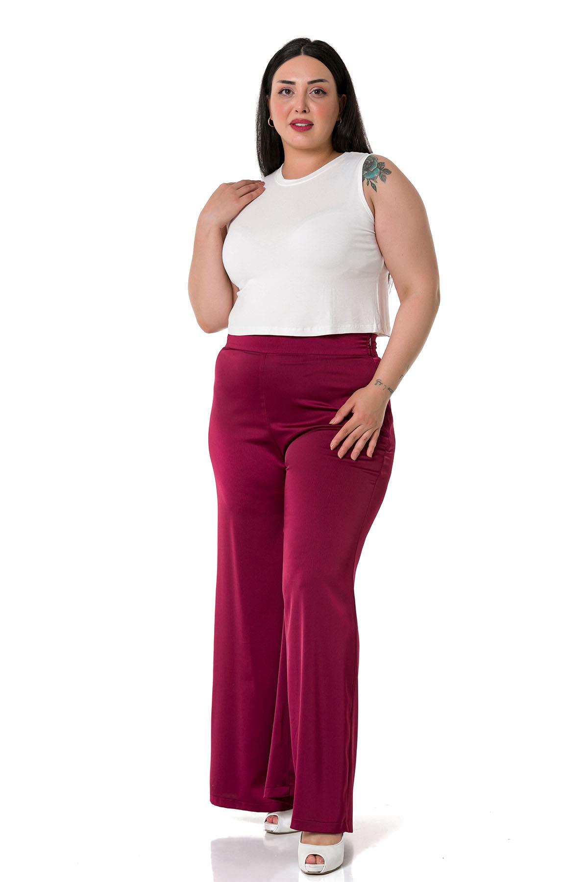 Plus Size Wide Leg Satin Burgundy Trousers with Elastic Waist Back
