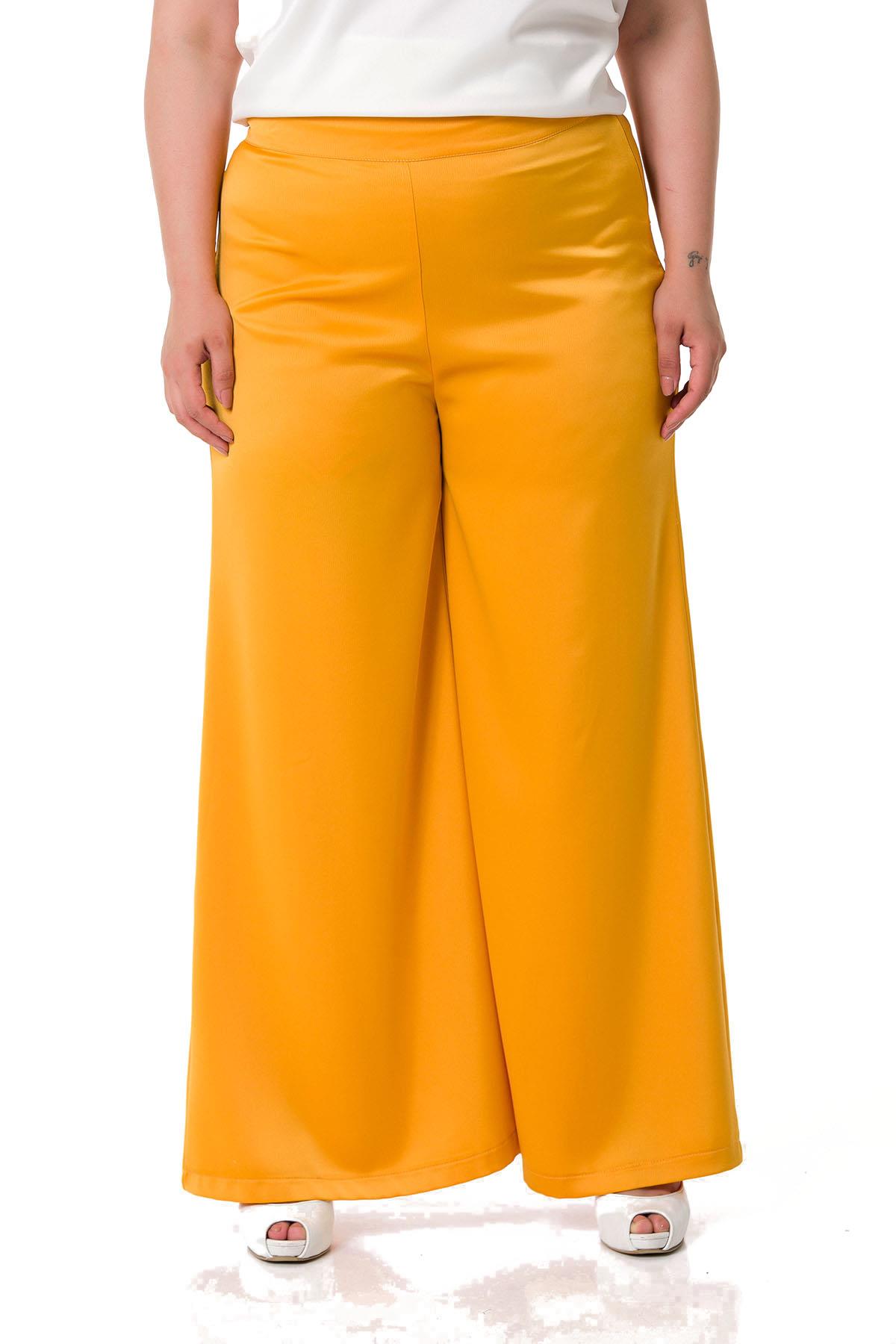 Plus Size Wide Leg Satin Mustard Trousers with Elastic Waist Back