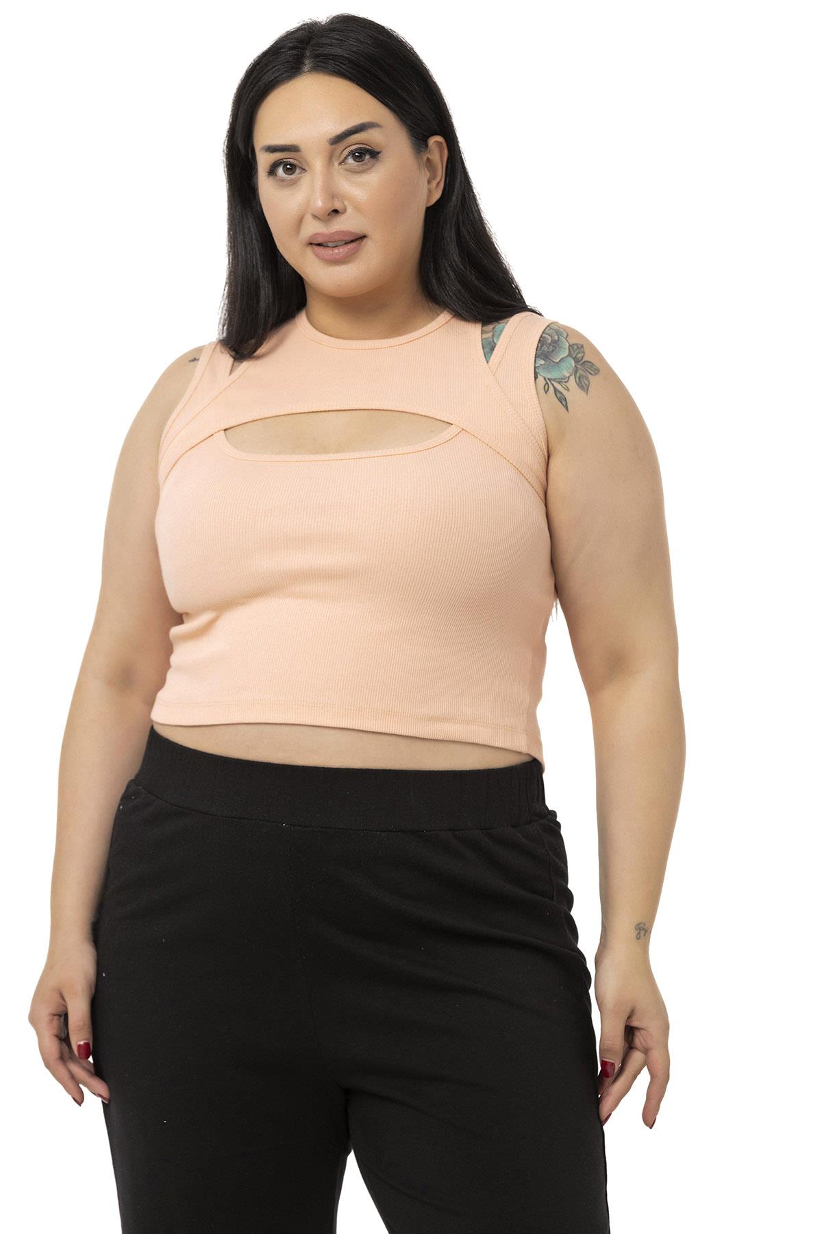 Büyük Beden Göğüs Dekolteli Fitilli Kaşkorse Somon Body