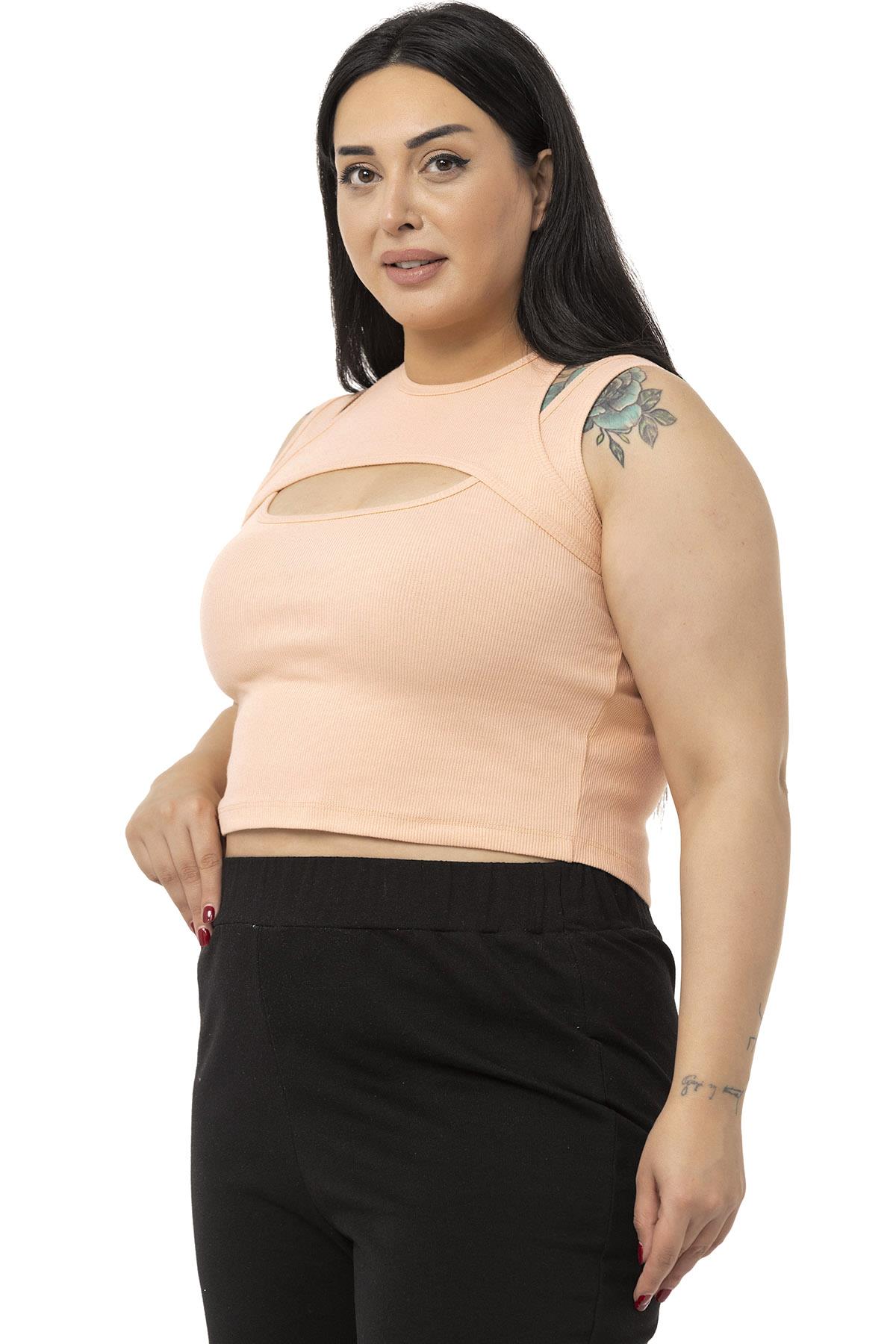 Büyük Beden Göğüs Dekolteli Fitilli Kaşkorse Somon Body