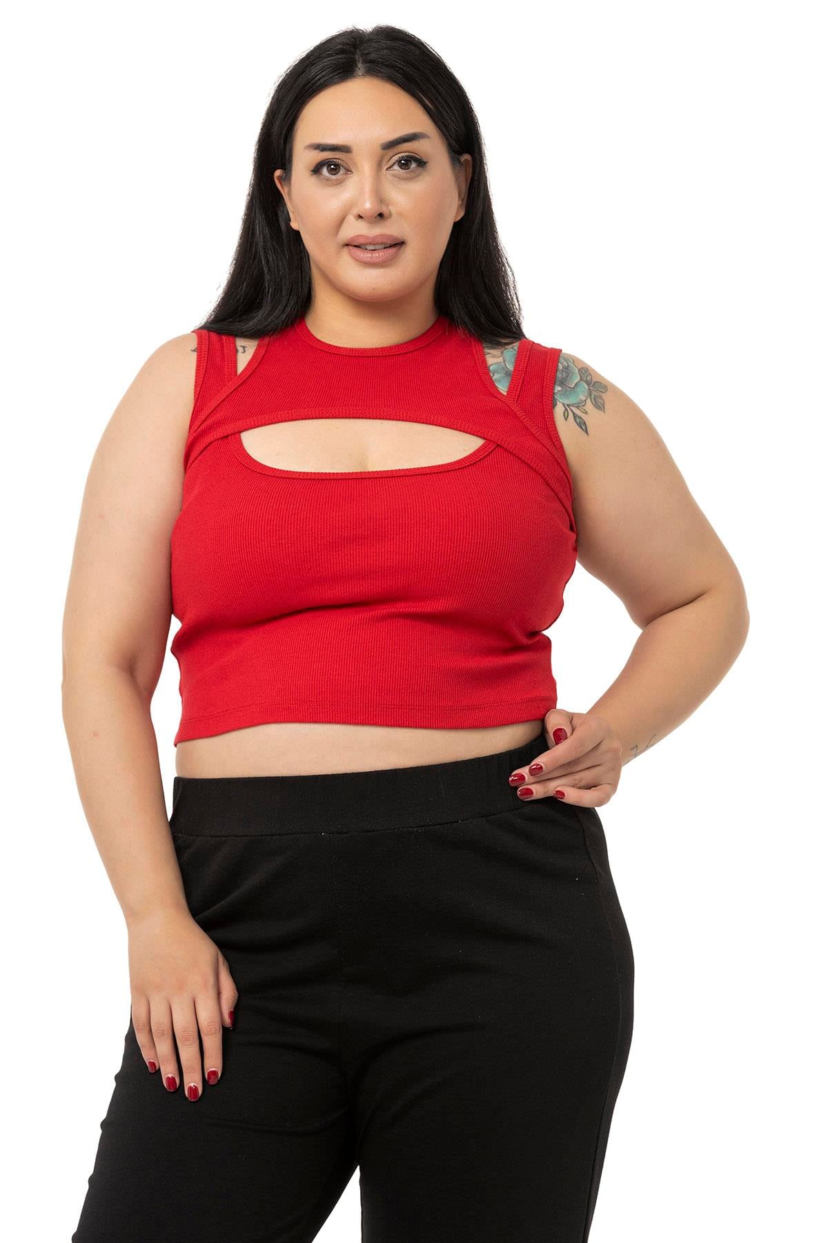 Büyük Beden Göğüs Dekolteli Fitilli Kaşkorse Kırmızı Body