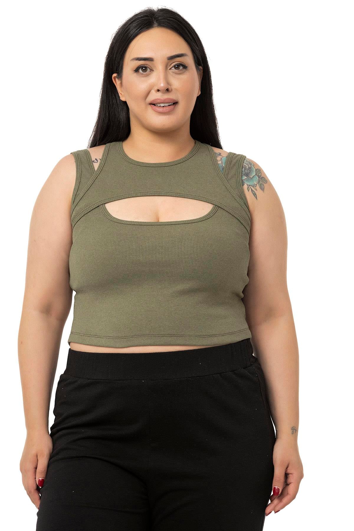 Büyük Beden Göğüs Dekolteli Fitilli Kaşkorse Haki Body